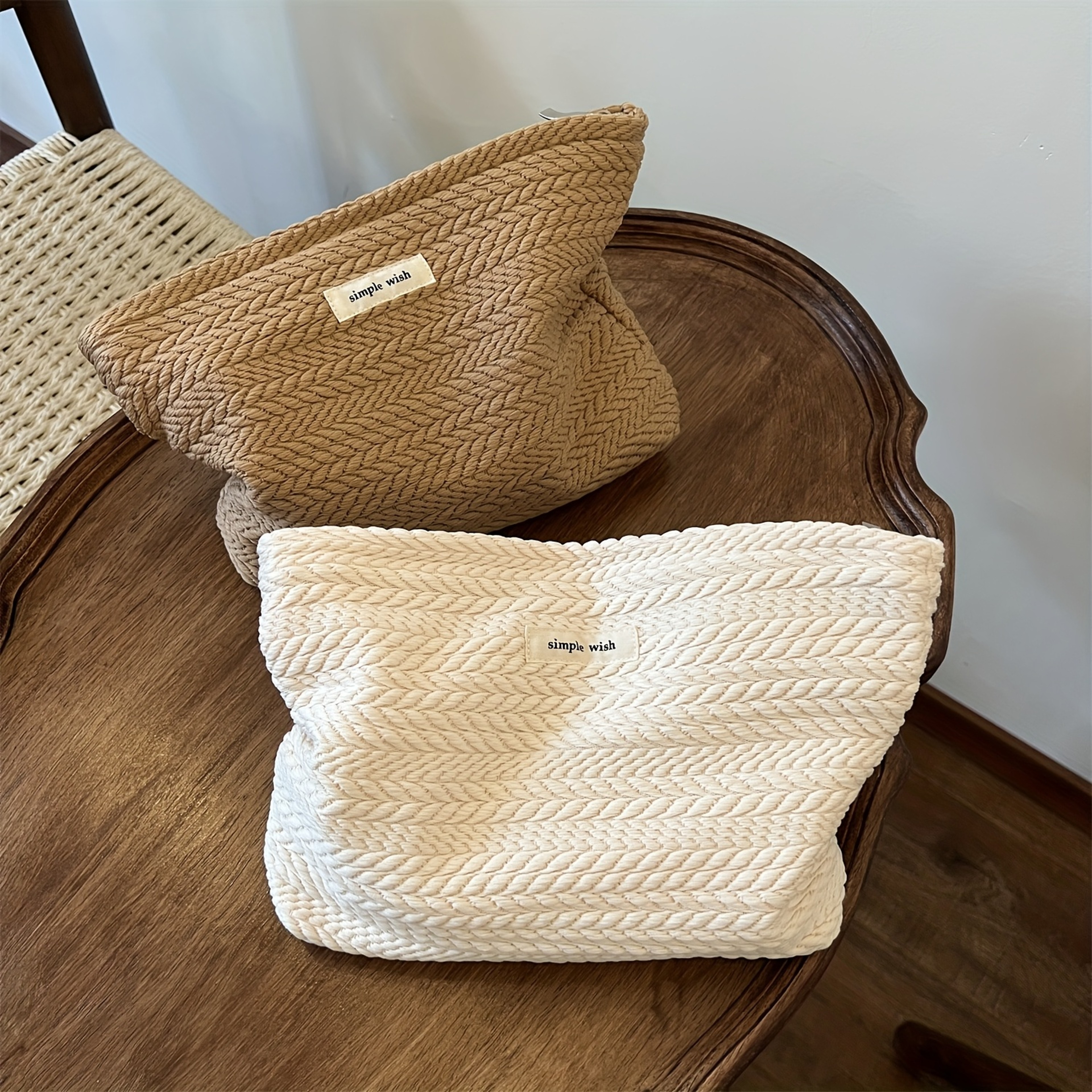 Women's Travel Cosmetic Storage Organizer, Rice Grain Pattern Woven Fabric Handbag, Makeup Pouch, Zipper Closure – view 1