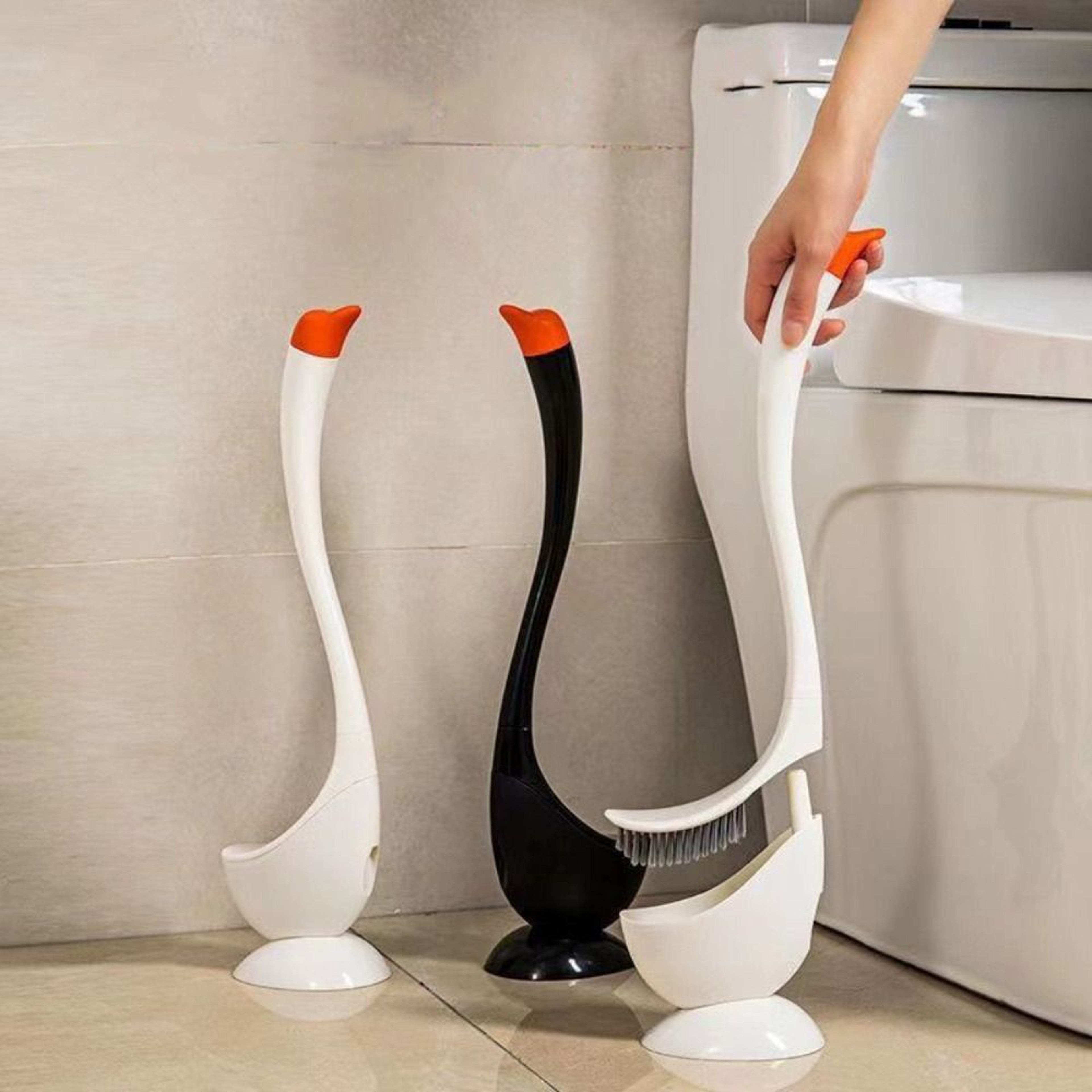 Dense Bristle Head Plastic Toilet Plunger Household, Swan Shape Long Handle Toilet Brush, cute holder set – view 1