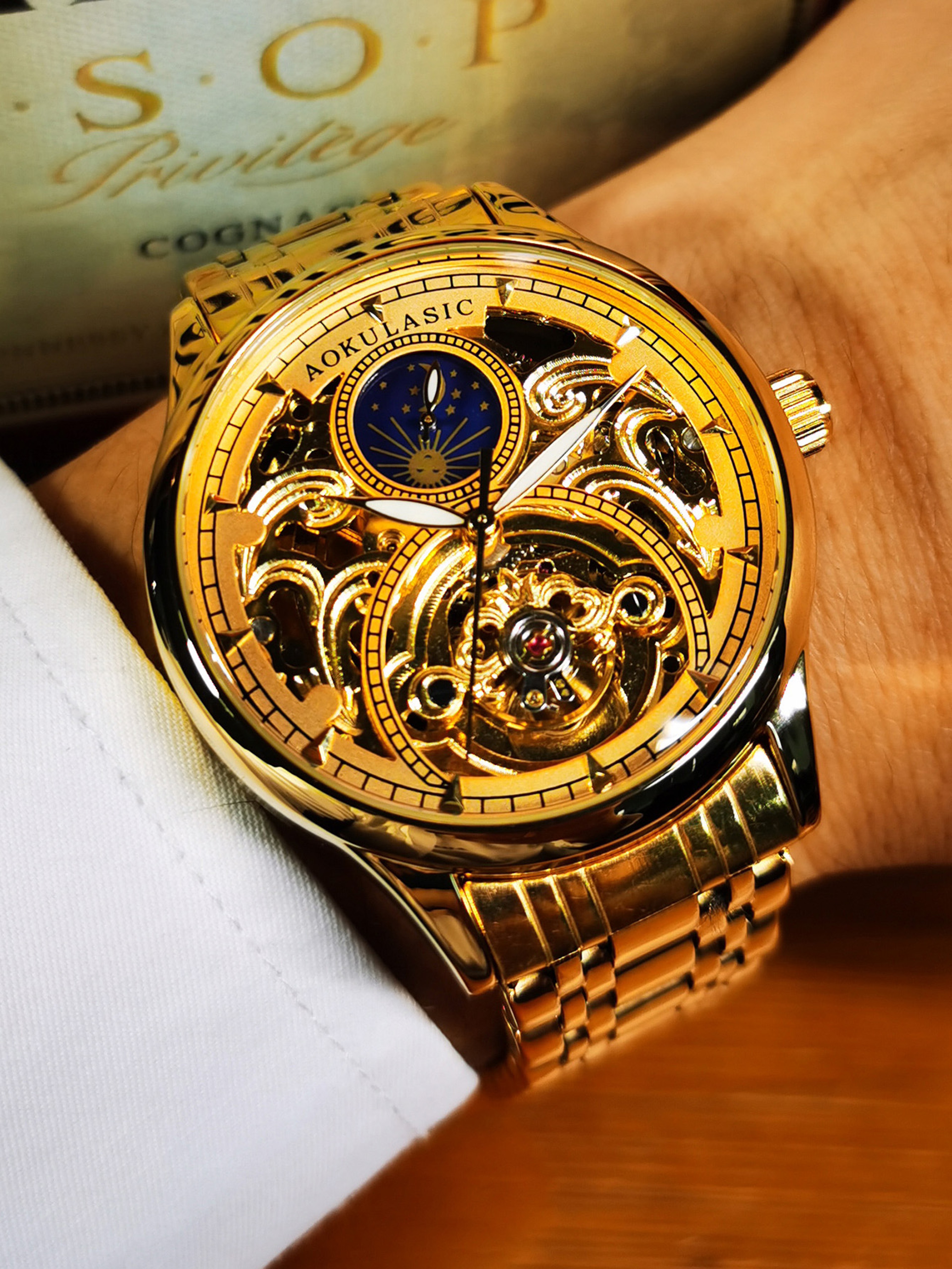Luxury Brand Gold Moon Phase Automatic Watch for Men, Skeleton Tourbillon, Luminous Hands, Mechanical Steel Strap – view 5