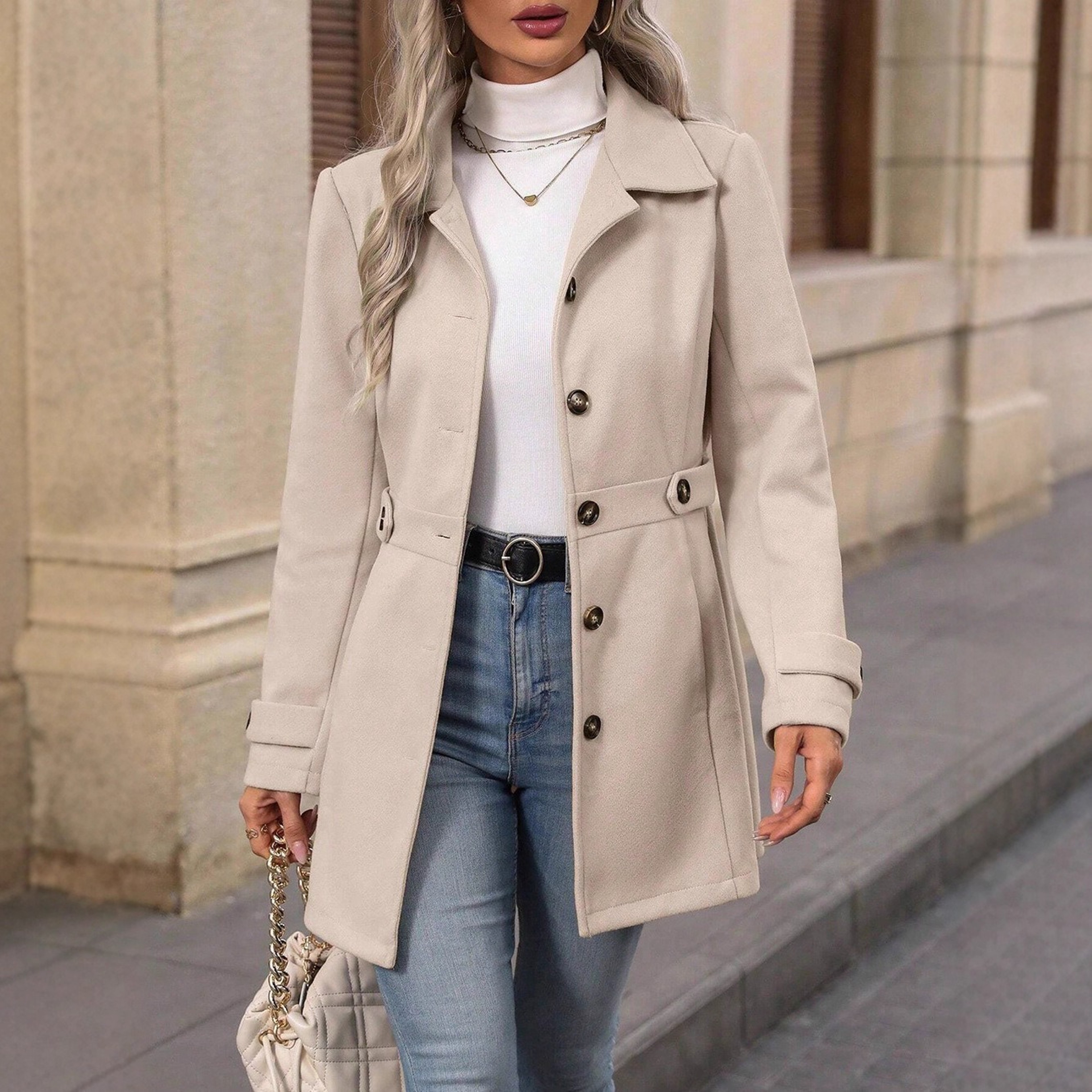 Loose-Fit Mid-Length Wool Blazer with Notched Lapel for Women – view 3