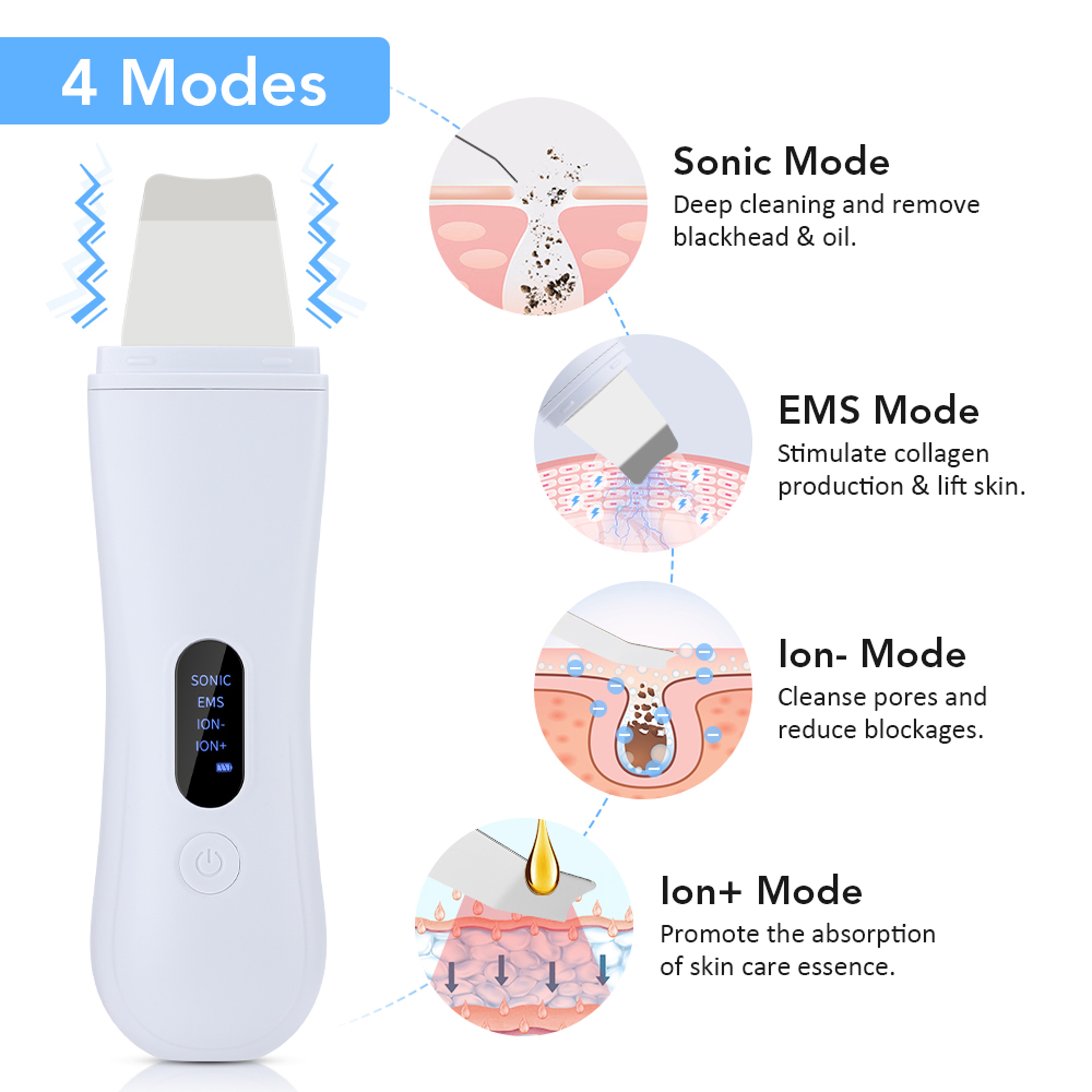 Facial Lifting Ultrasonic Cleaner Ion Deep Face Cleaning Skin Scrubber 4 Modes Peeling Skin Care Sp 3