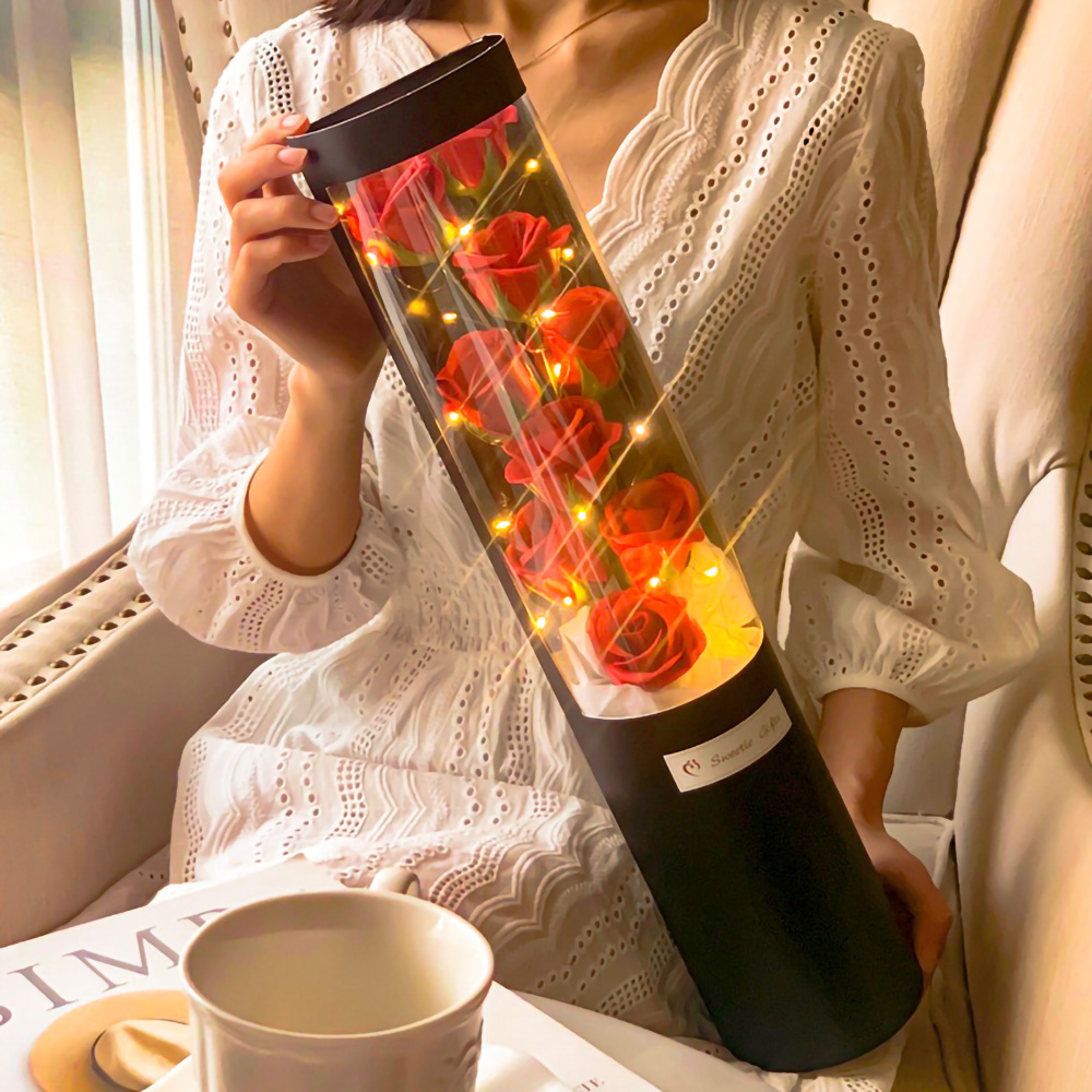 LED 9 Soap Bouquets Eternal Rose Flower Bouquet With Fairy String Lights In Dome For Valentine Day  0