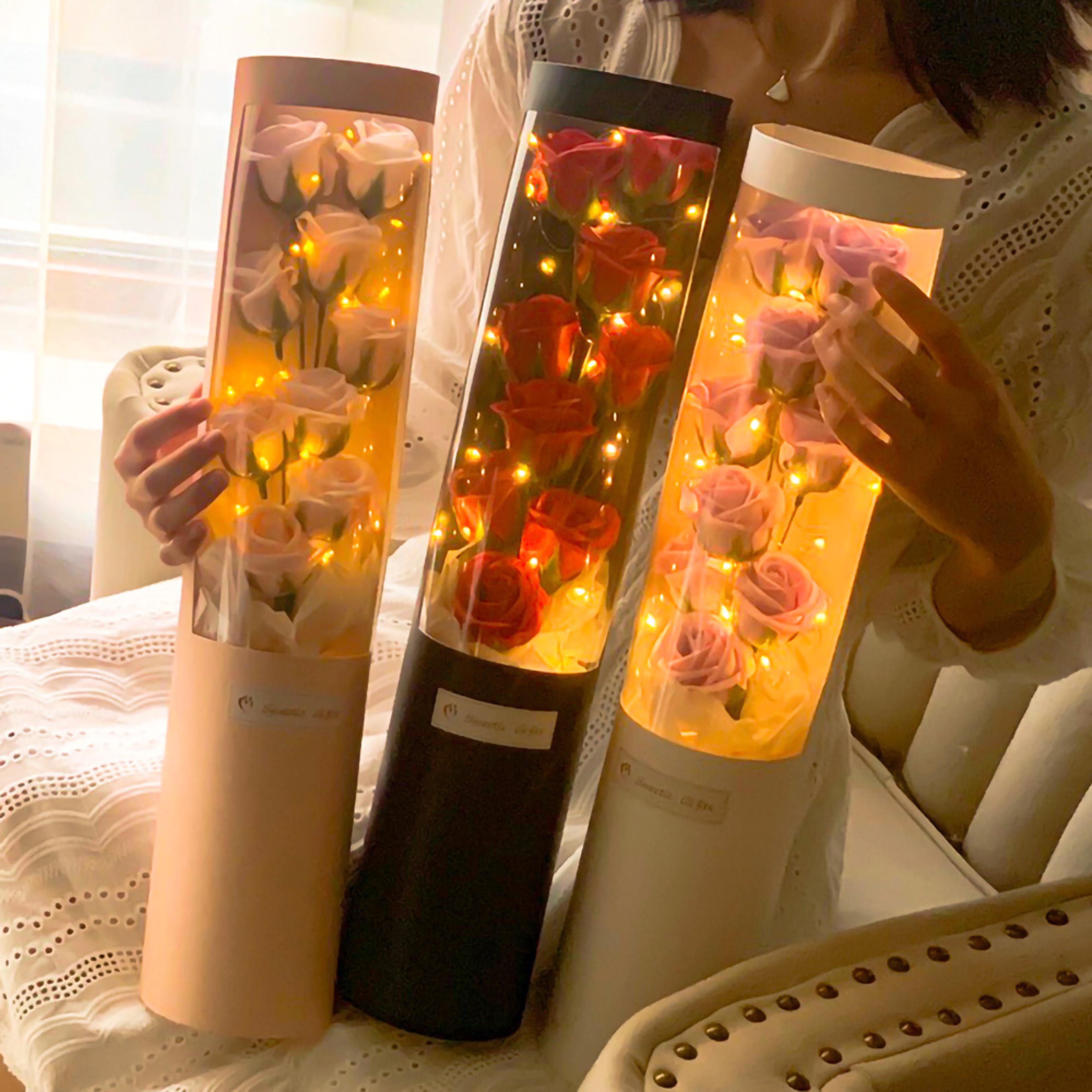 LED 9 Soap Bouquets Eternal Rose Flower Bouquet With Fairy String Lights In Dome For Valentine Day  4