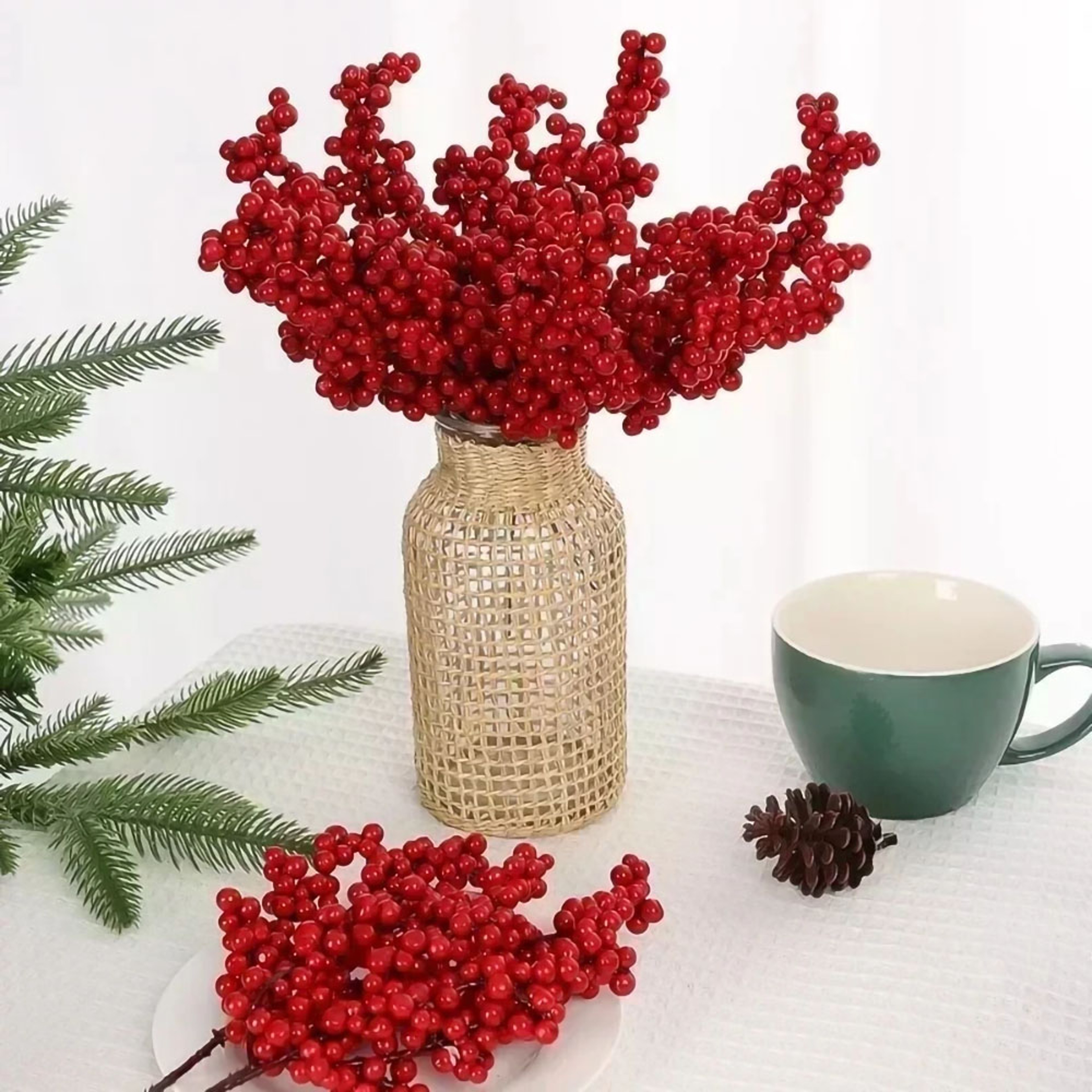 Holly Berry Stamen Plants Chinese New Year Red Berries Branches Xmas Party Decor Wreath Ornaments 1