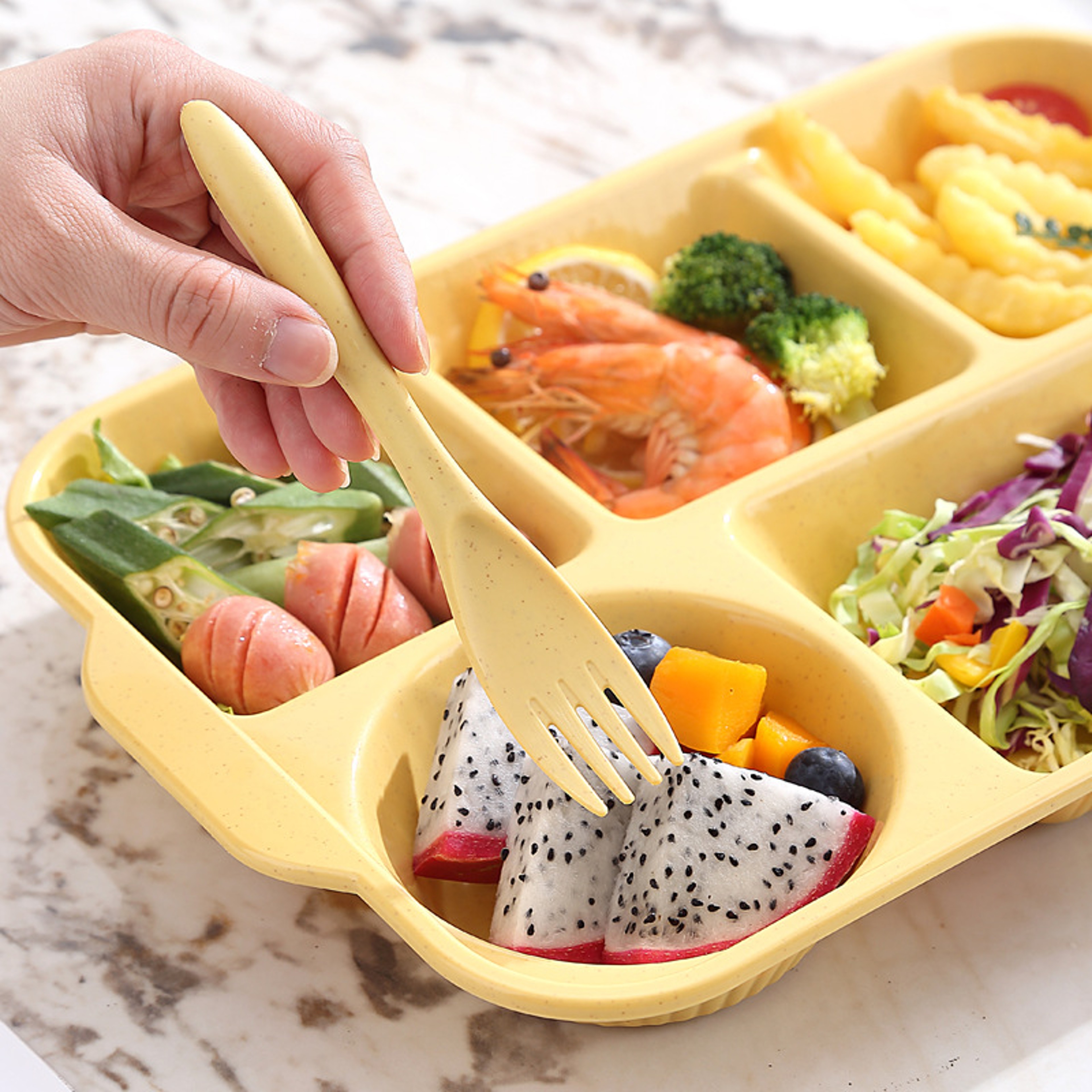 Food Grade Portable 5 Grids Lunchbox With Divided Plates Knife Fork Spoon Dinnerware Set 1