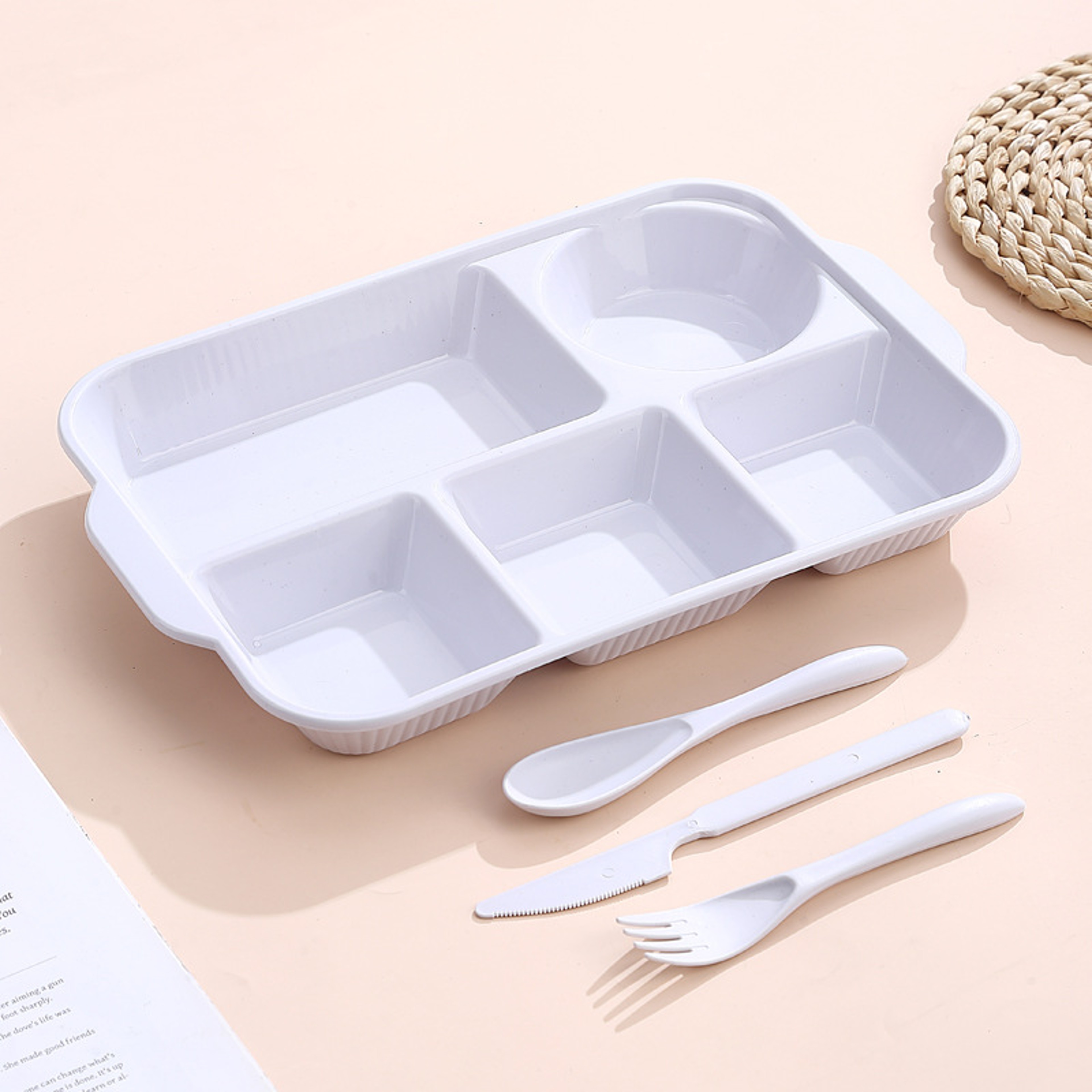 Food Grade Portable 5 Grids Lunchbox With Divided Plates Knife Fork Spoon Dinnerware Set 6
