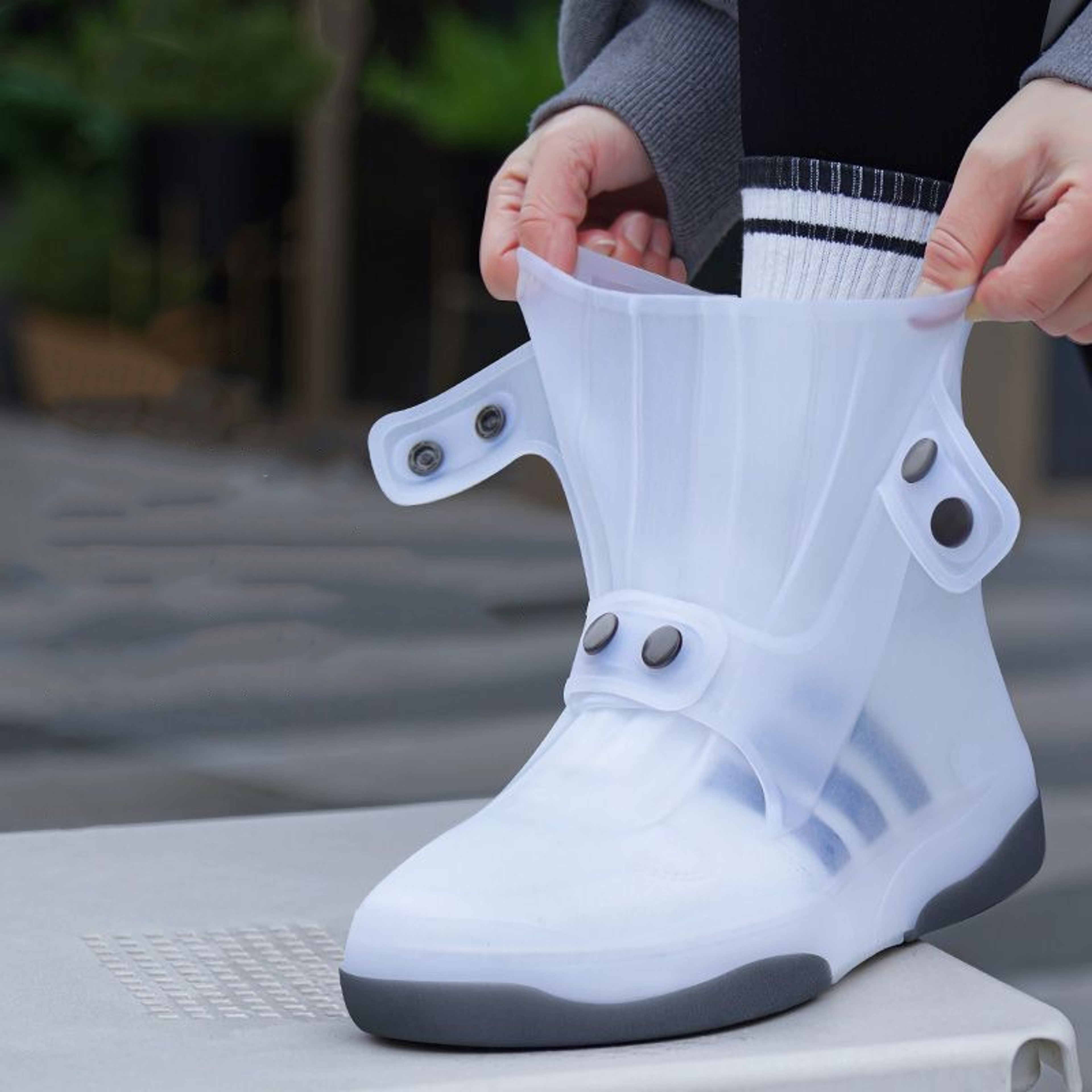 Durable Waterproof Two Tone Shoe Covers, Washable Anti Skid Overshoes with Button, White – view 1