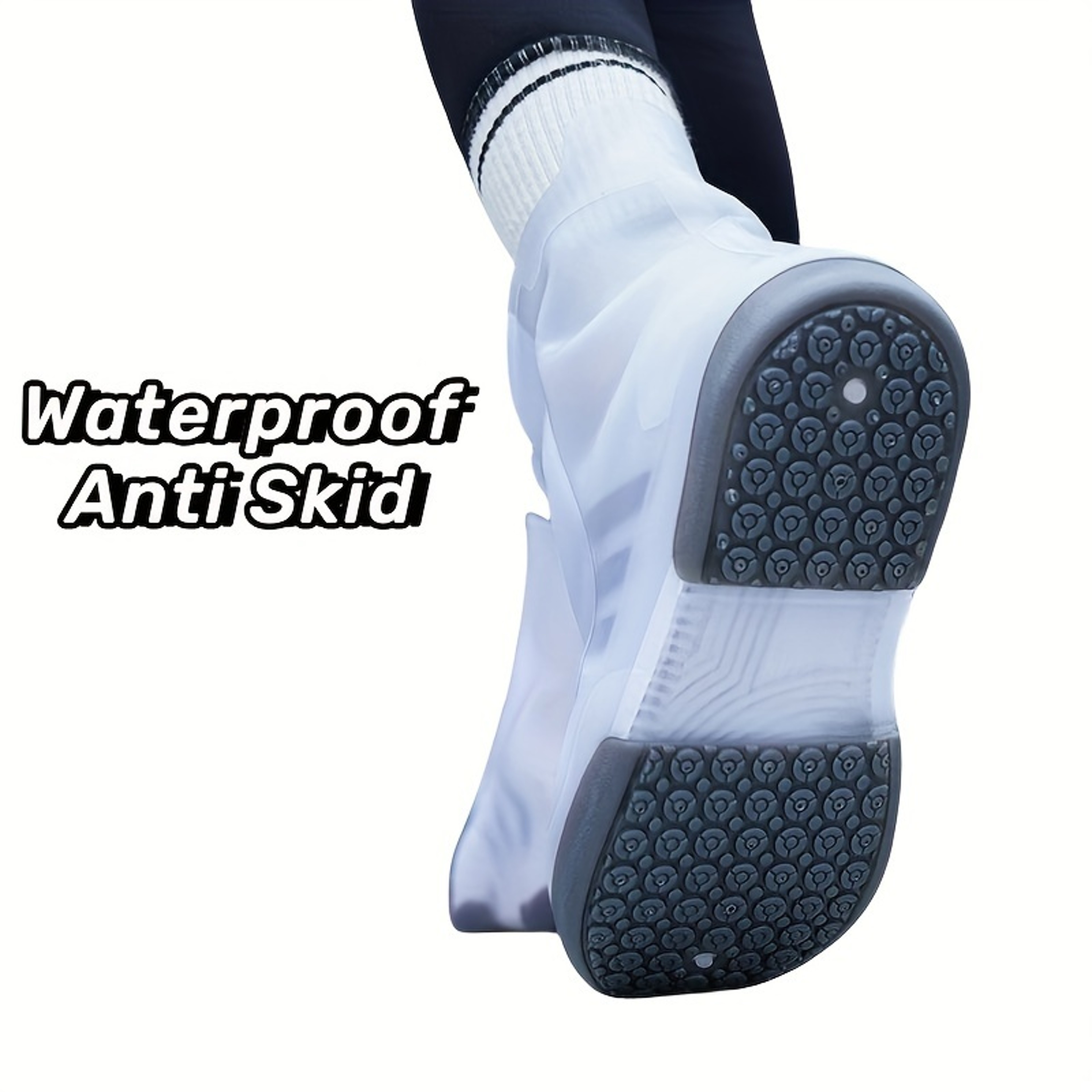 Durable Waterproof Two Tone Shoe Covers, Washable Anti Skid Overshoes with Button, White – view 5