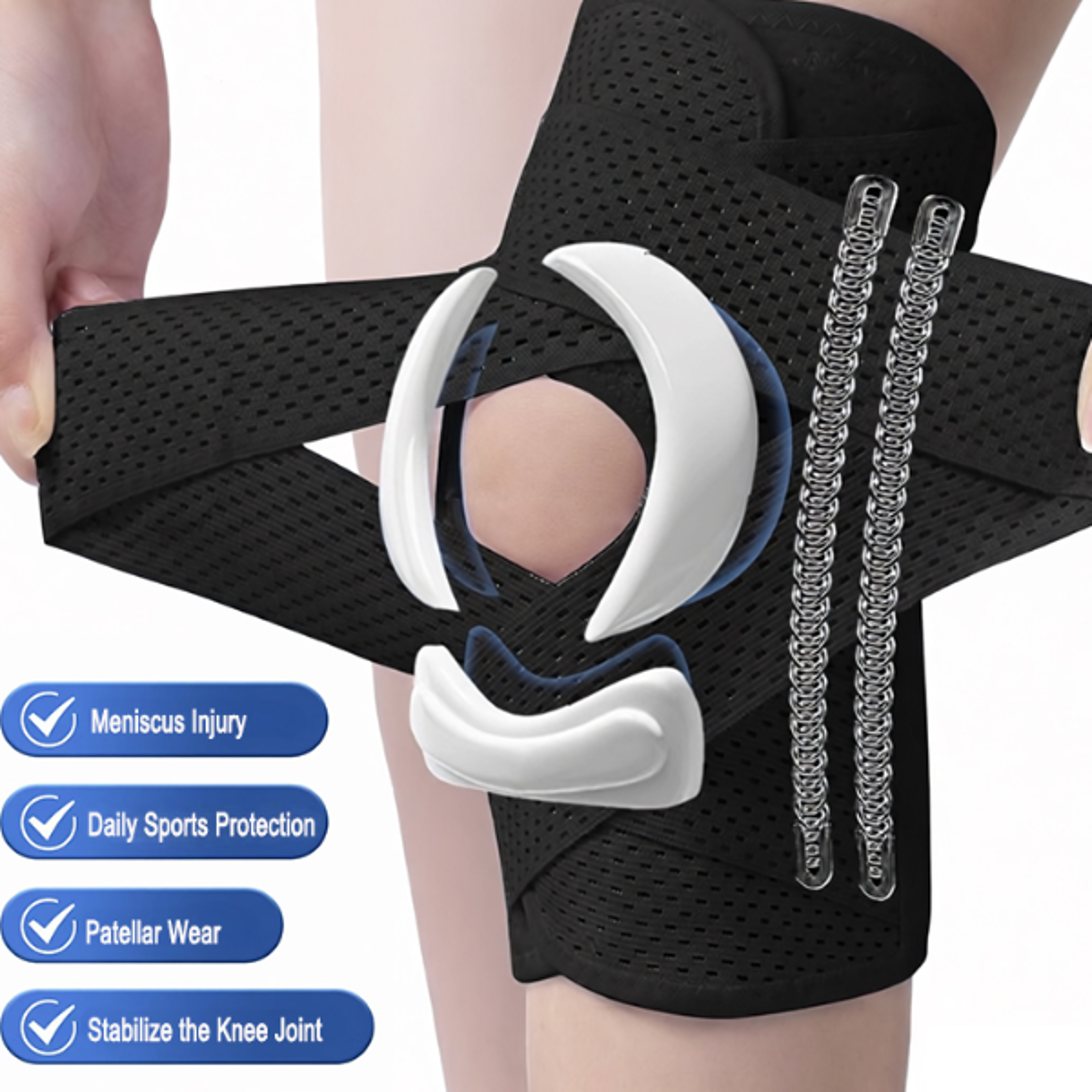 Breathable Mesh Fabric Adjustable Meniscus Knee Brace with Side Stabilizers for Running Injury Reco