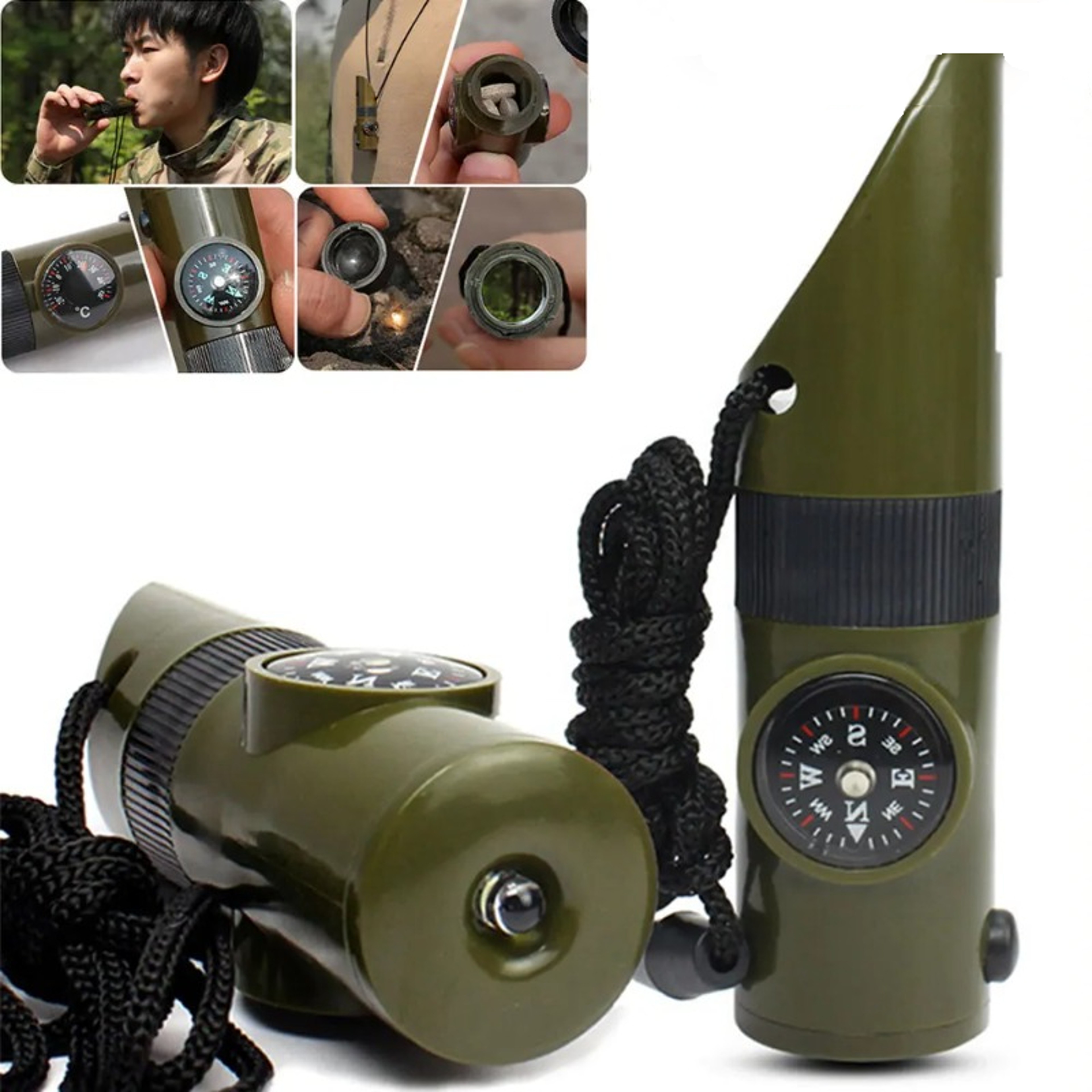 Hiking Whistle with Compass Mirror, LED Flashlight, Magnifier, Thermometer, Survival Tool – view 1