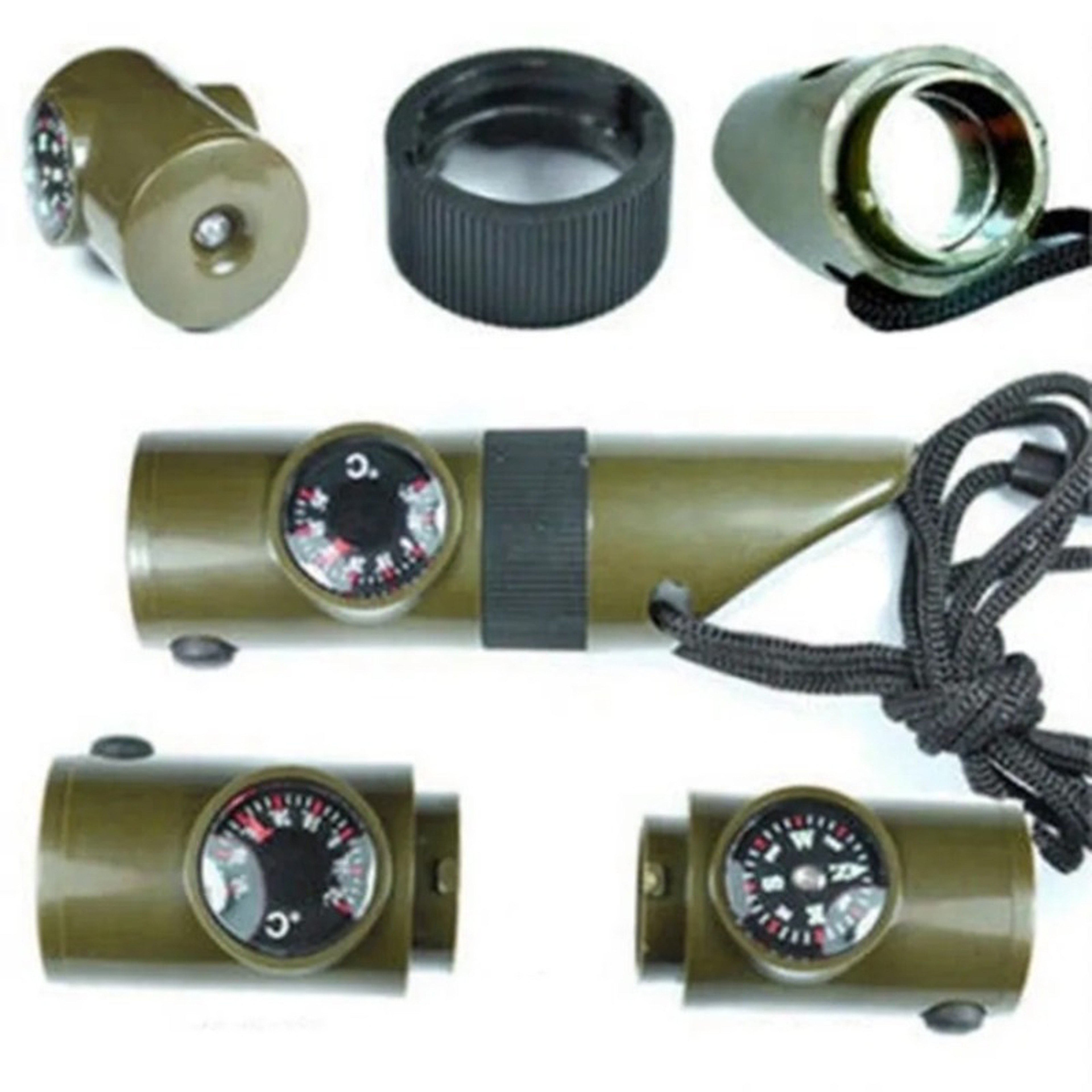 Hiking Whistle with Compass Mirror, LED Flashlight, Magnifier, Thermometer, Survival Tool – view 3