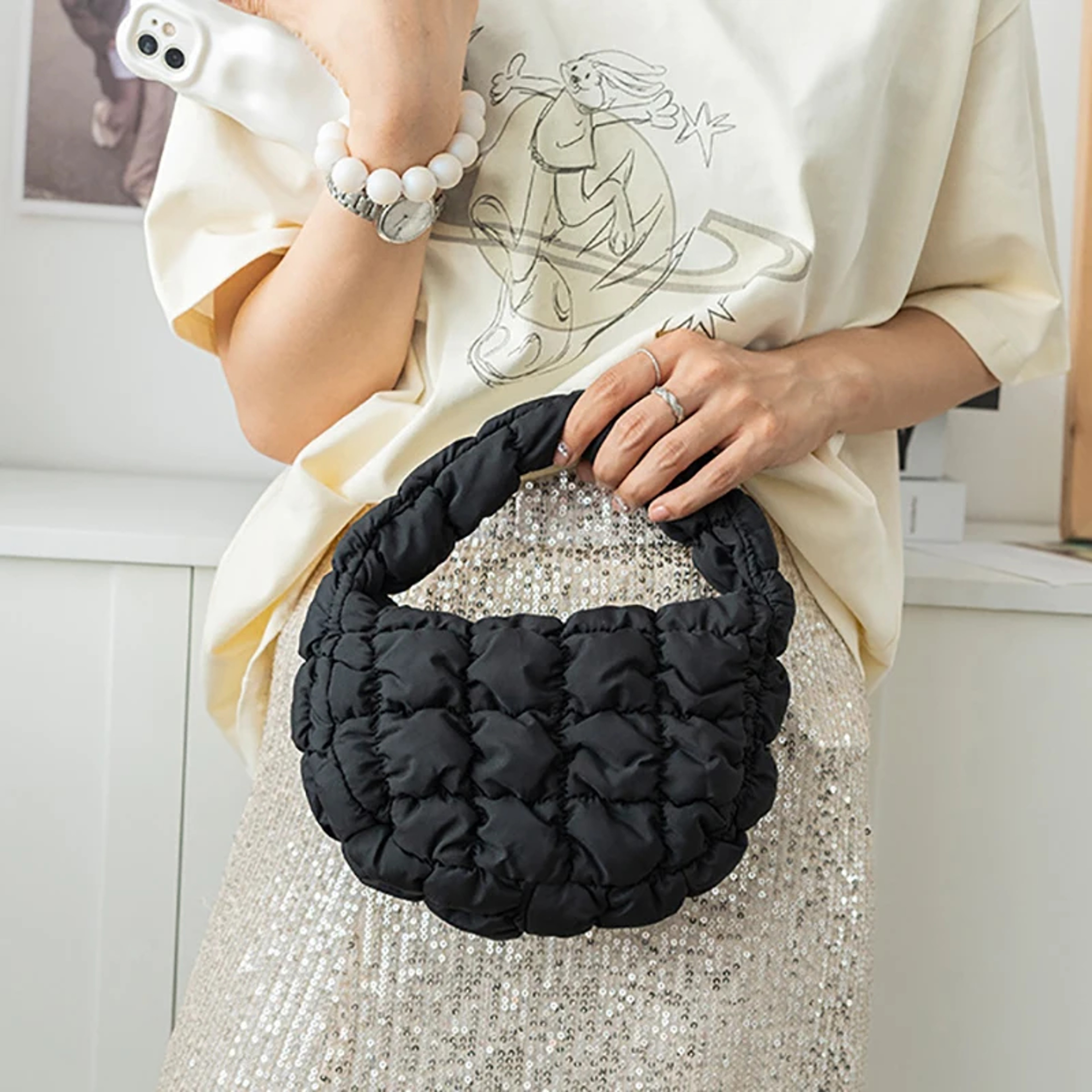 Elegant Purple Soft Nylon Mini Puffer Tote Bag Quilted Circle Phone Purse Simple Trend Handbag 5