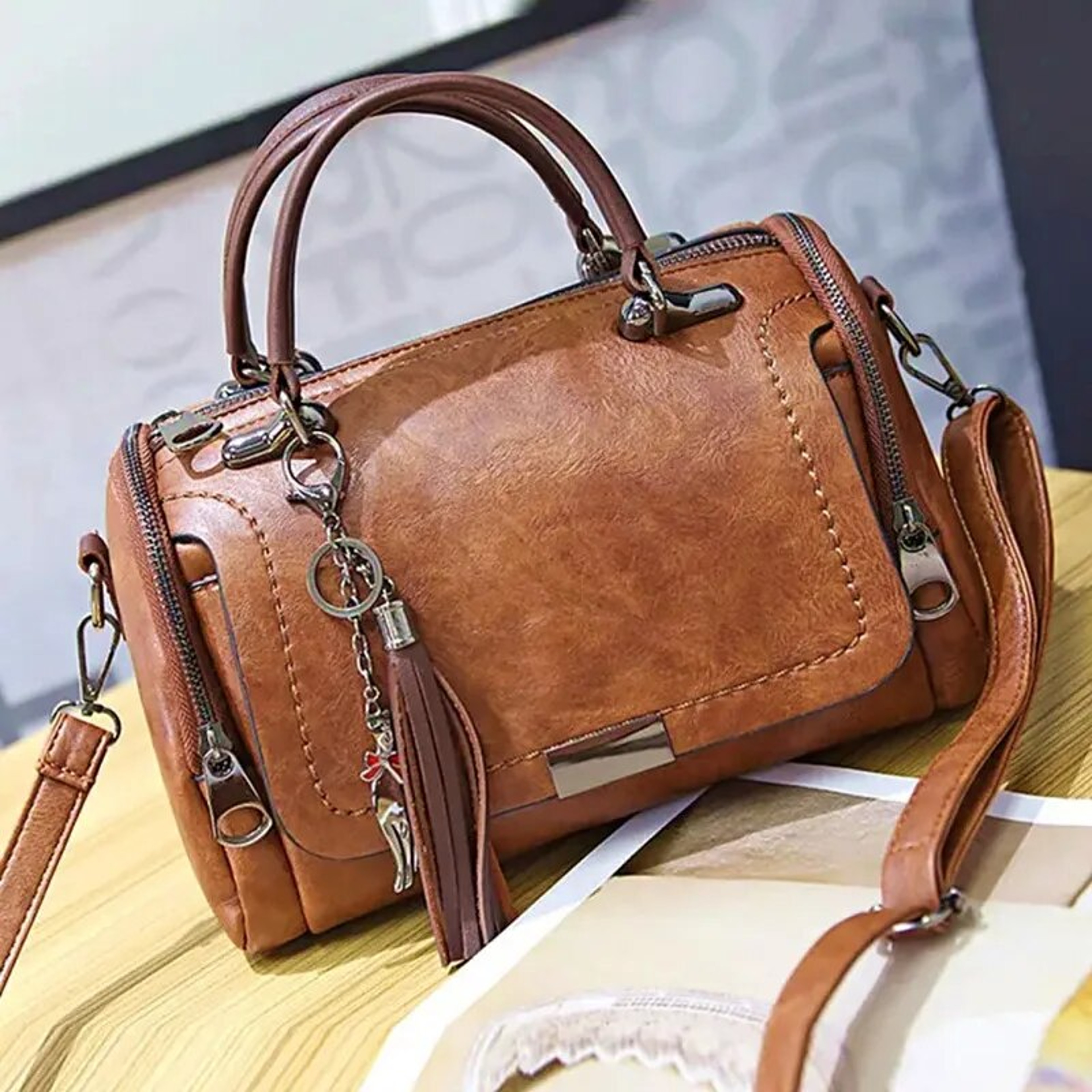 Fashion Zipper Crossbody Bag Tassel Decor Womens Large Capacity Shoulder Bag With Removable Strap B 5