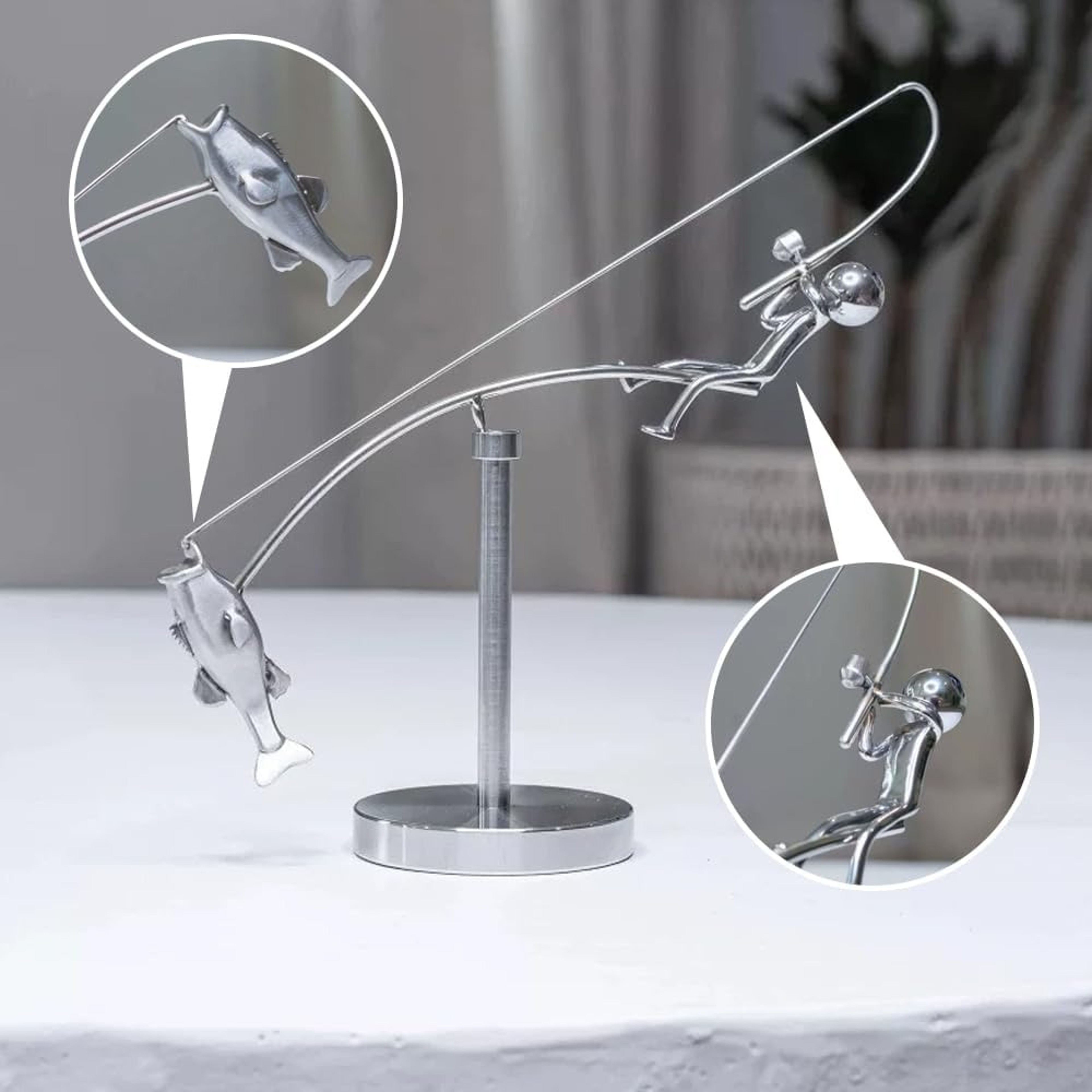 Kinetic Handmade Fishing Sculpture, Metal Fisherman Desk Ornament Gift, Balancing Statue for Fishing Enthusiasts – view 3