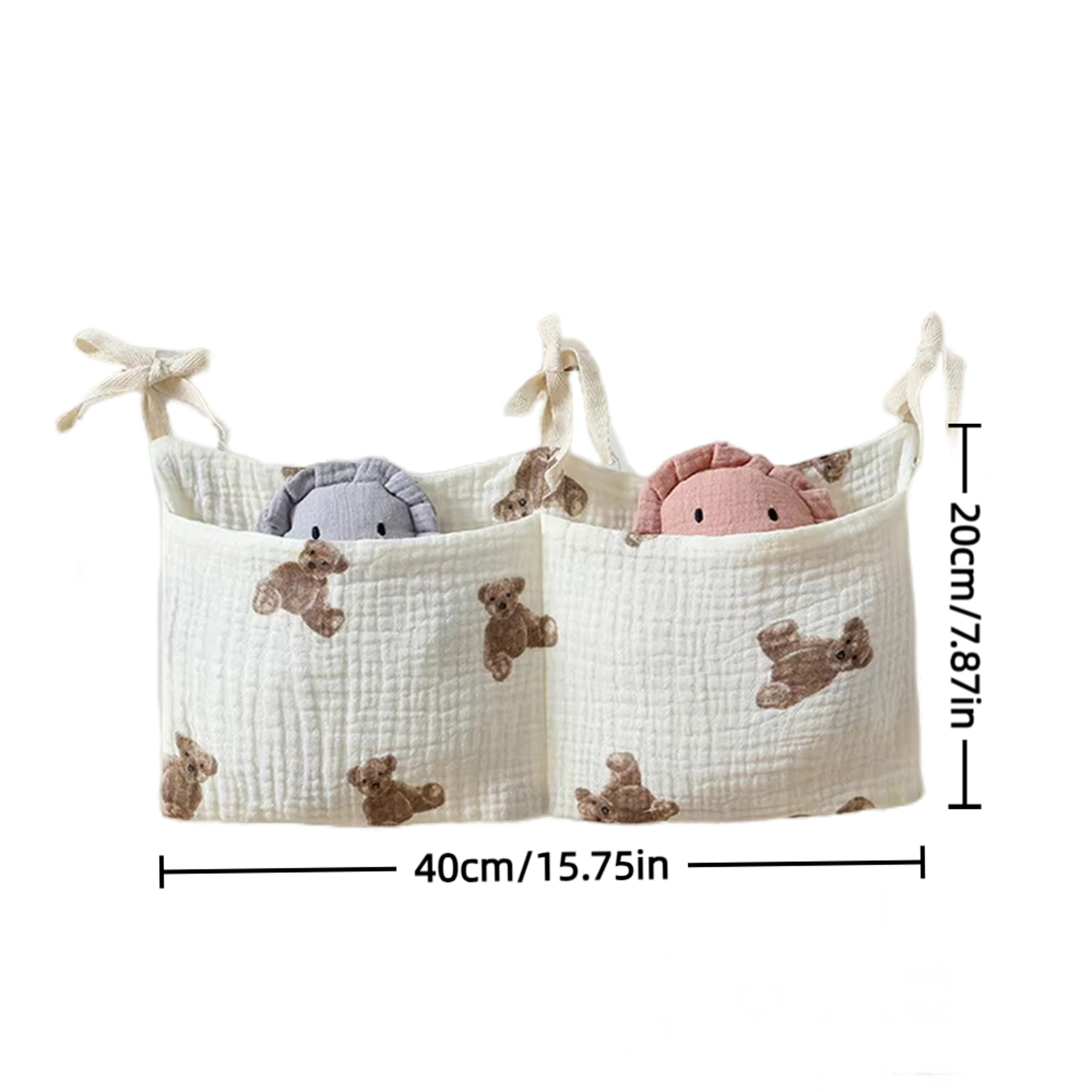White Printed Baby Crib Hanging Bag Horizontal Double Pockets Soft Fabric With Nonslip Strap For Di 1