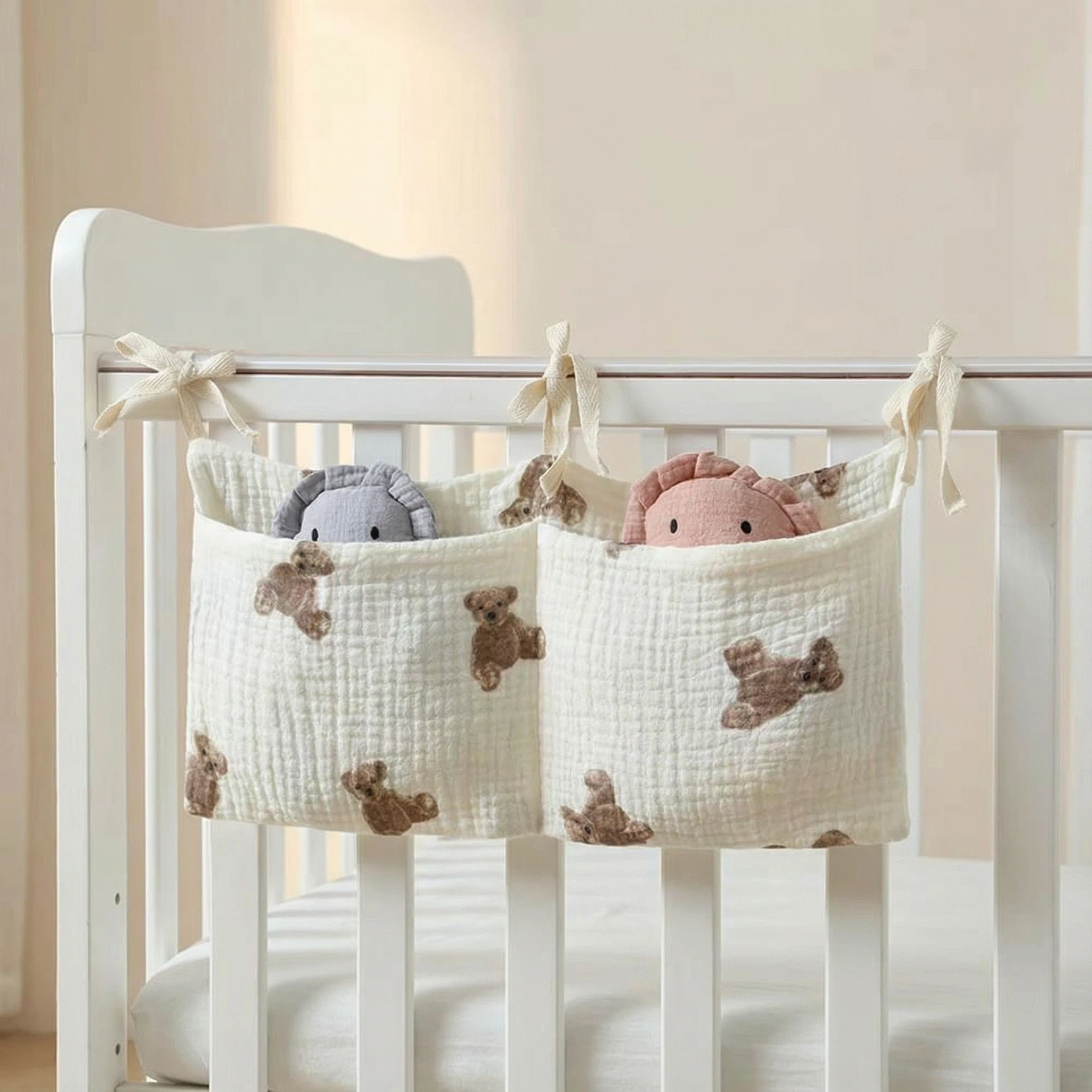 White Printed Baby Crib Hanging Bag Horizontal Double Pockets Soft Fabric With Nonslip Strap For Di 2