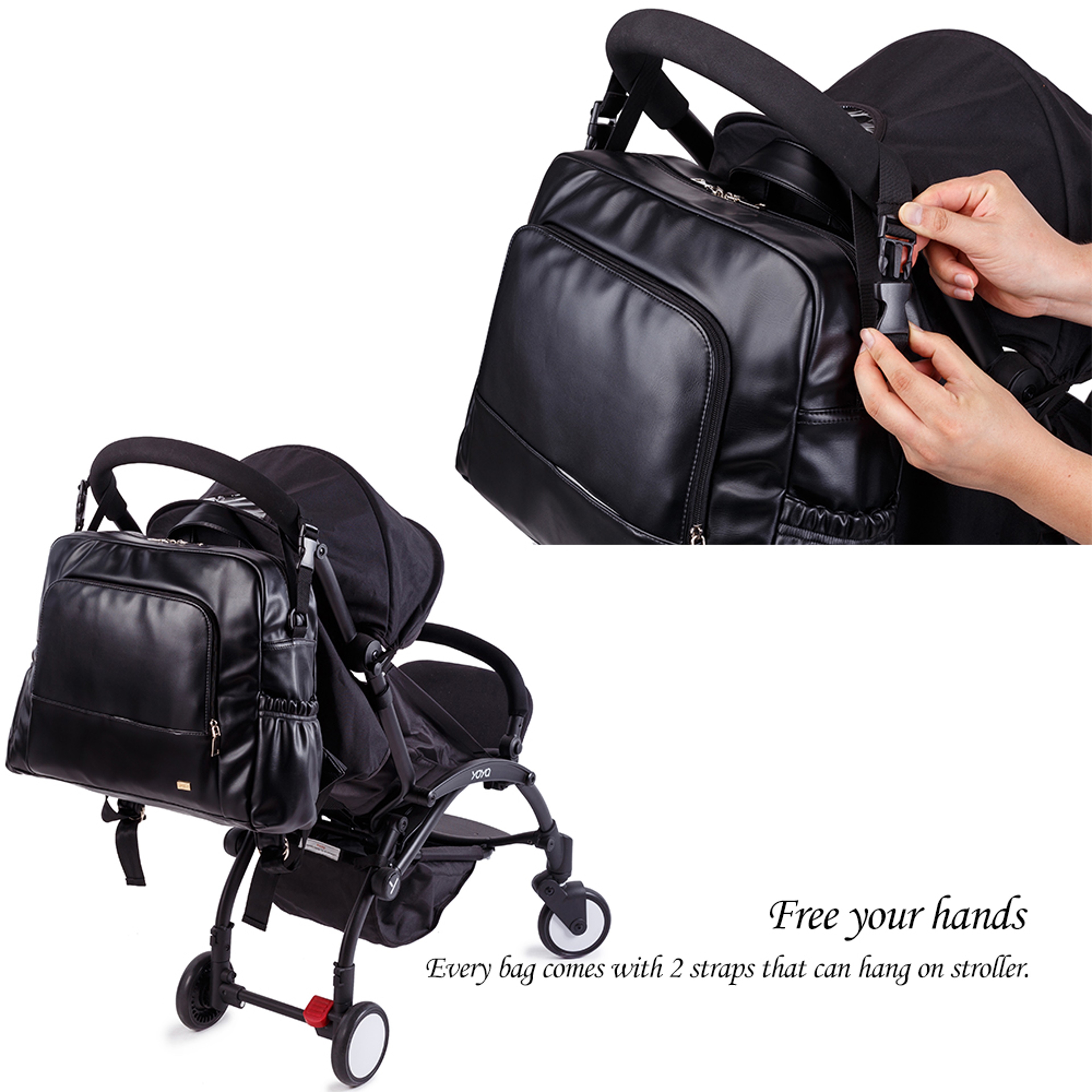 Large Capacity Waterproof Black Diaper Bag Smooth Leather Nursing Changing Backpack For Newborn Bab 3