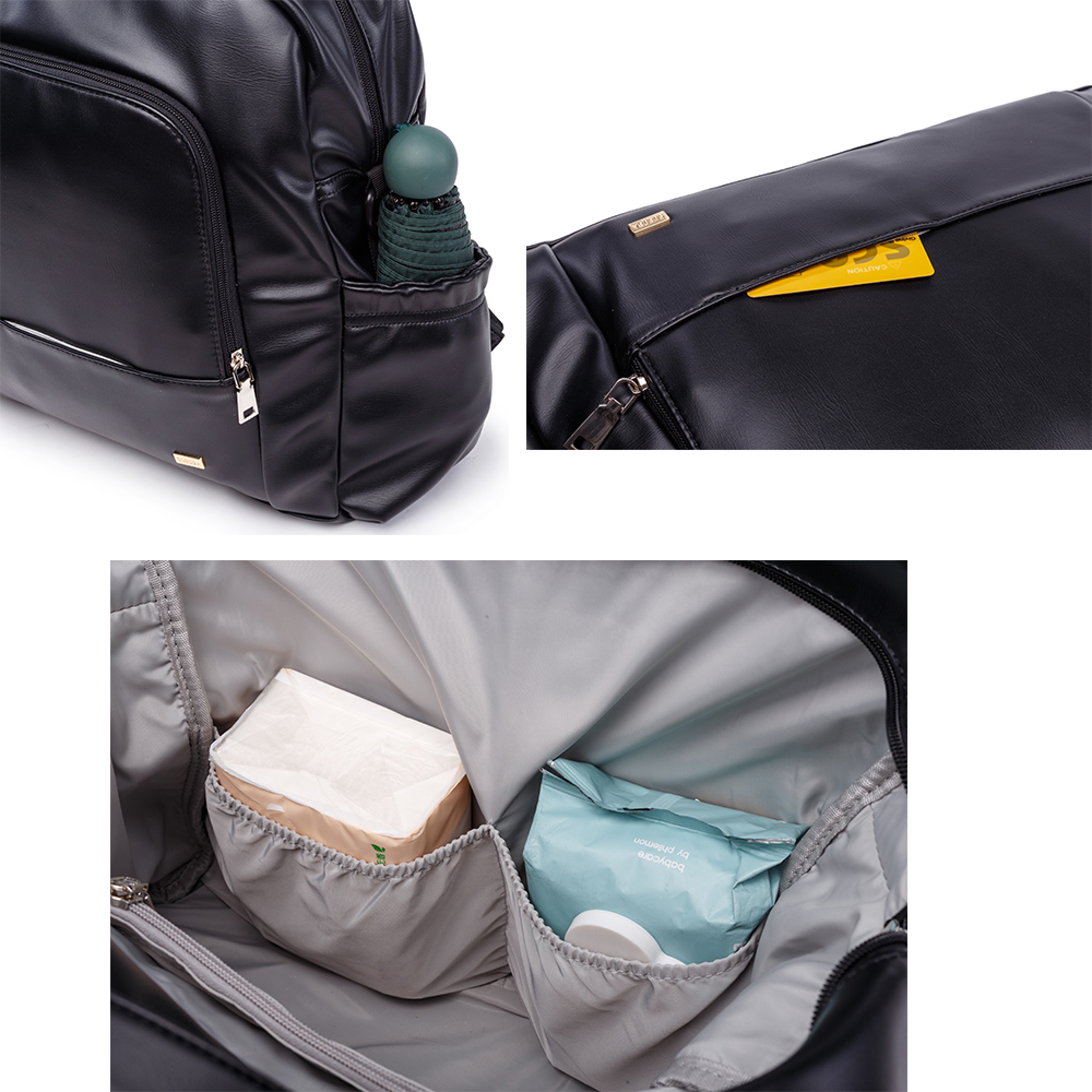 Large Capacity Waterproof Black Diaper Bag Smooth Leather Nursing Changing Backpack For Newborn Bab 4