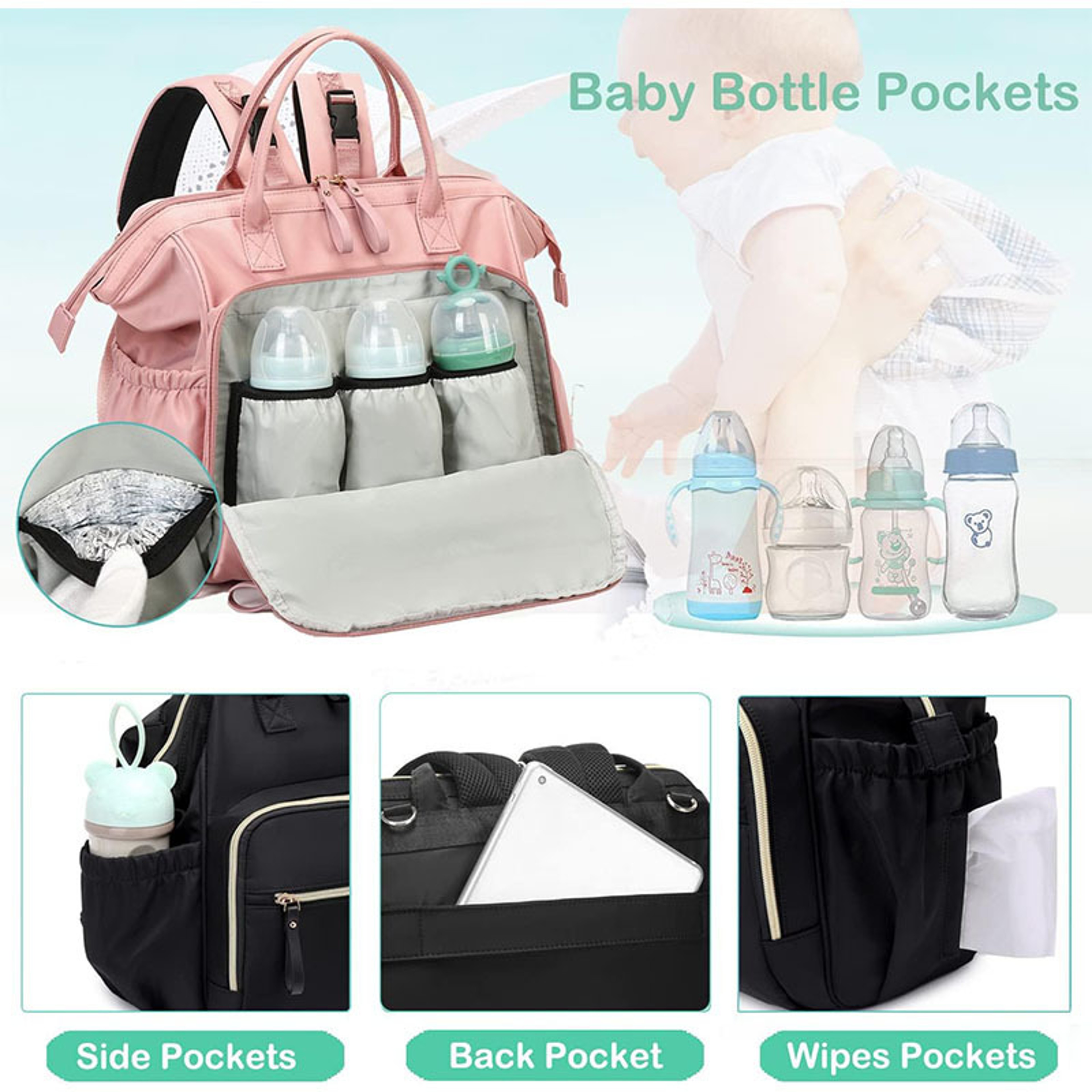 Women Large Capacity Diaper Bag Backpack, Cotton Shoulder Maternity Shopping Bags for Baby Diaper – view 3
