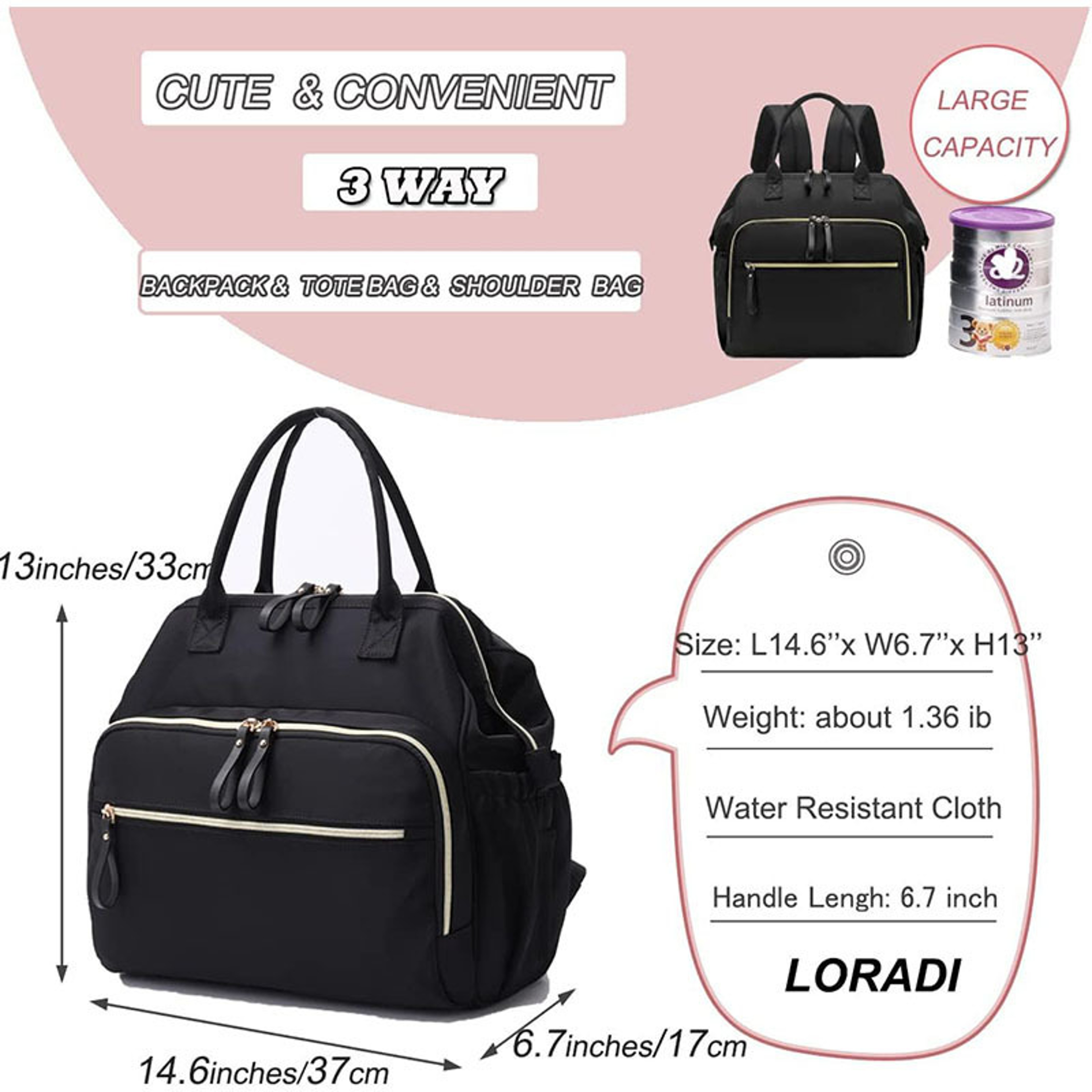 Women Large Capacity Diaper Bag Backpack, Cotton Shoulder Maternity Shopping Bags for Baby Diaper – view 6