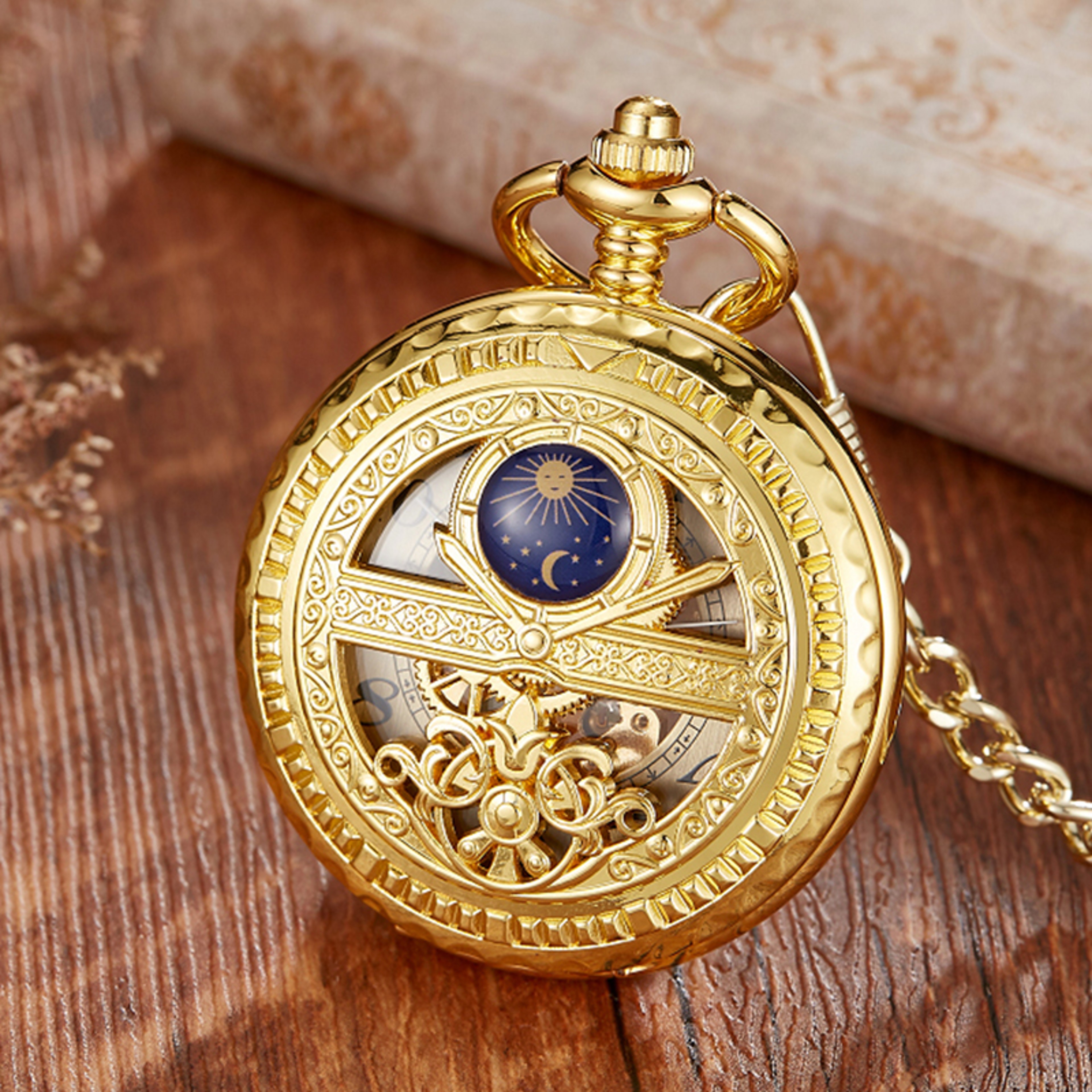 Carved Stars  Moon Phases SemiAutomatic Mechanical Pocket Watch Hollowed Dial For Students 0