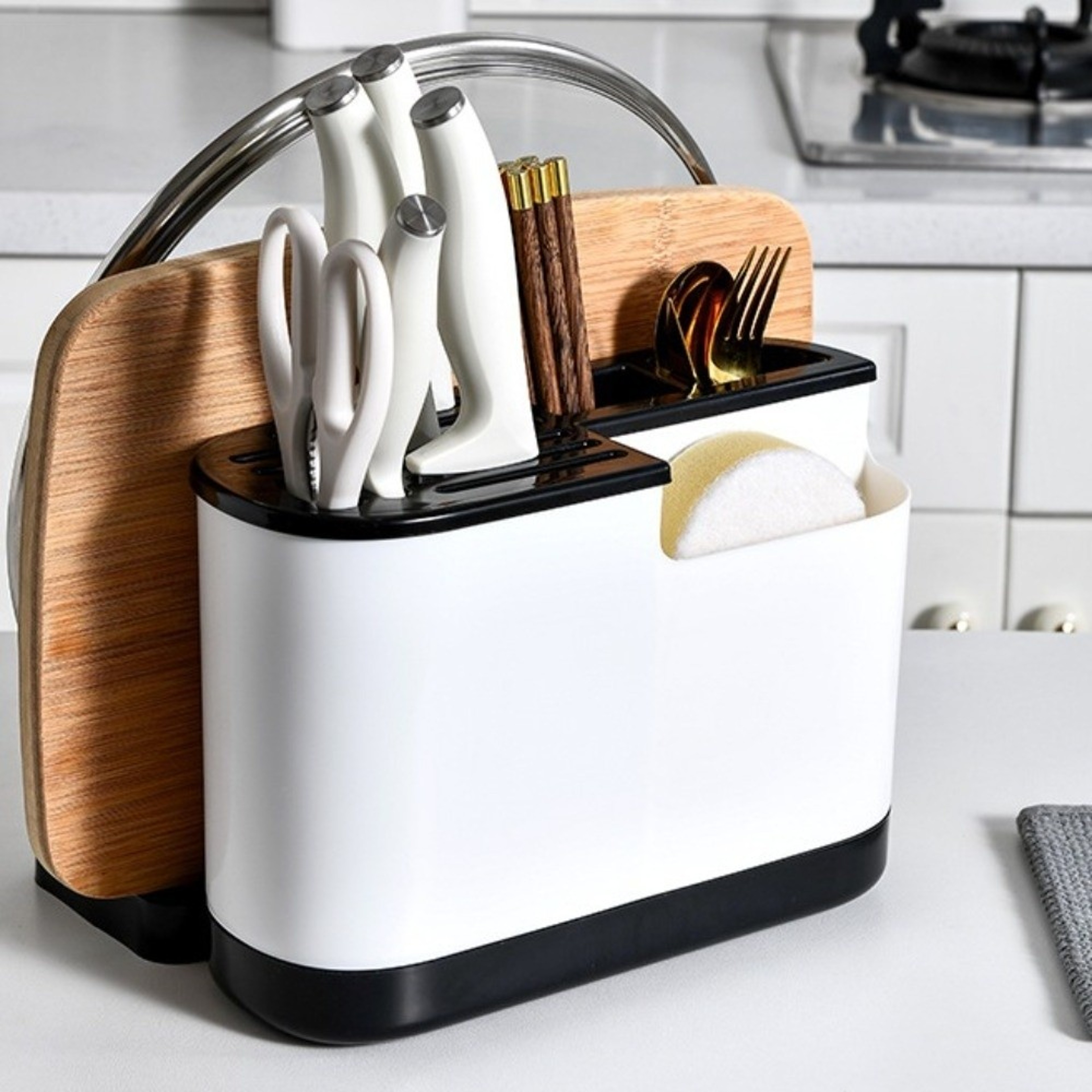 Space Saving Cutting Board Rack, Large Capacity Multi Kitchen Cutlery Holder, Waterproof Stable Chopstick Bucket – view 3
