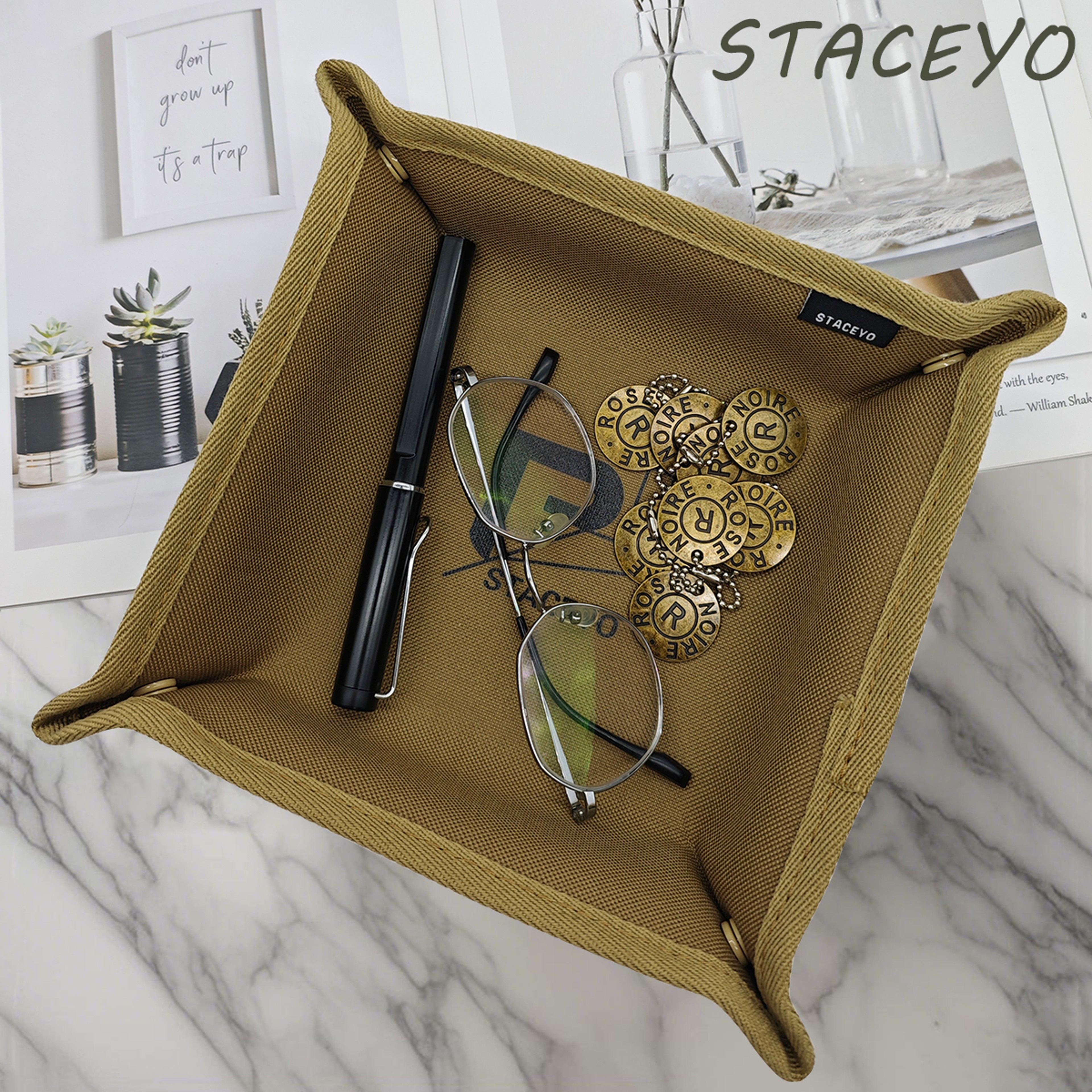 Oxford Fabric Foldable Storage Tray, Khaki Office Desktop Tray for Camping & Organization – view 4