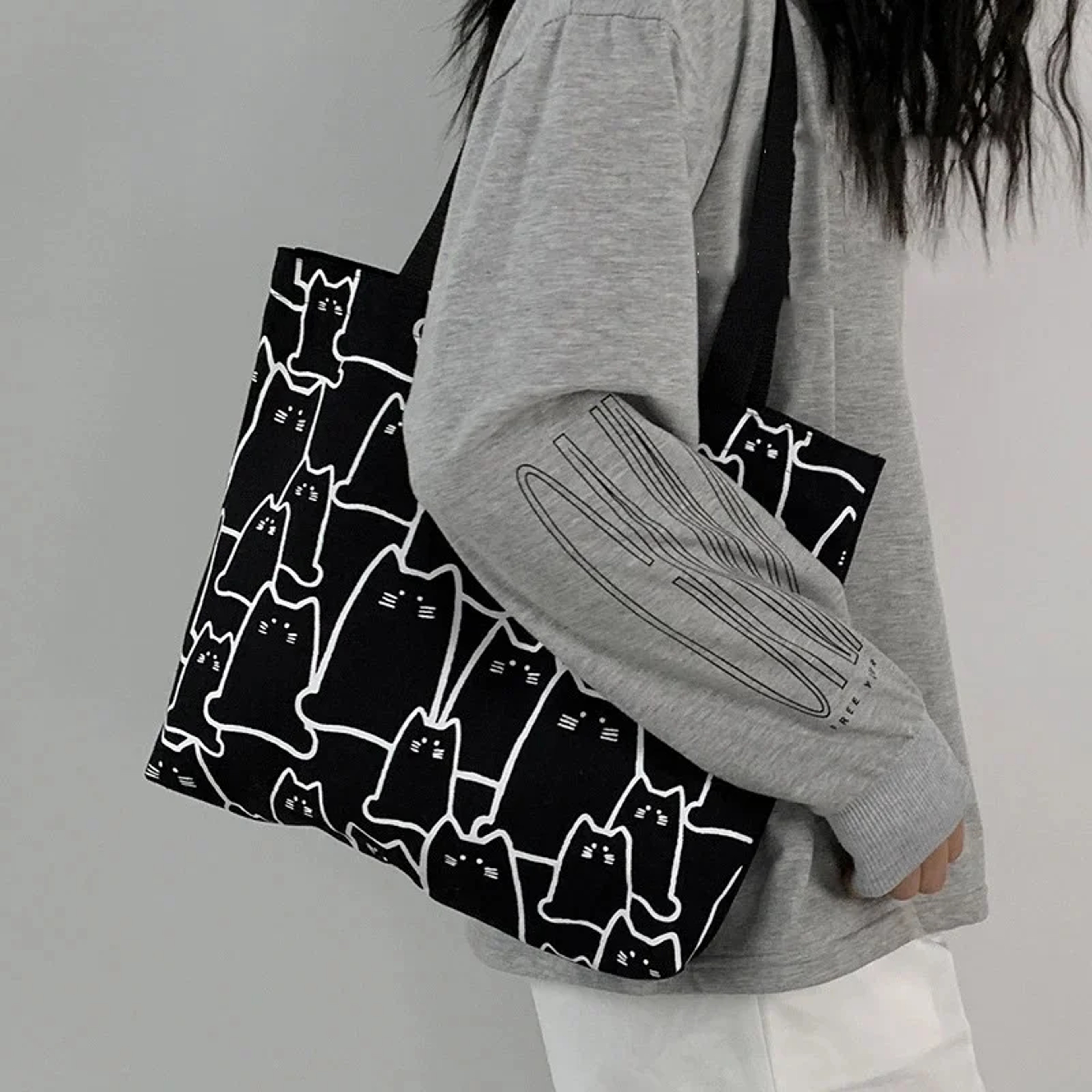 Fashion Canvas Cute Cat Shopper Handbags, Casual Graphic Tote for Women, Small Shoulder Japanese Cartoon Bag – view 8