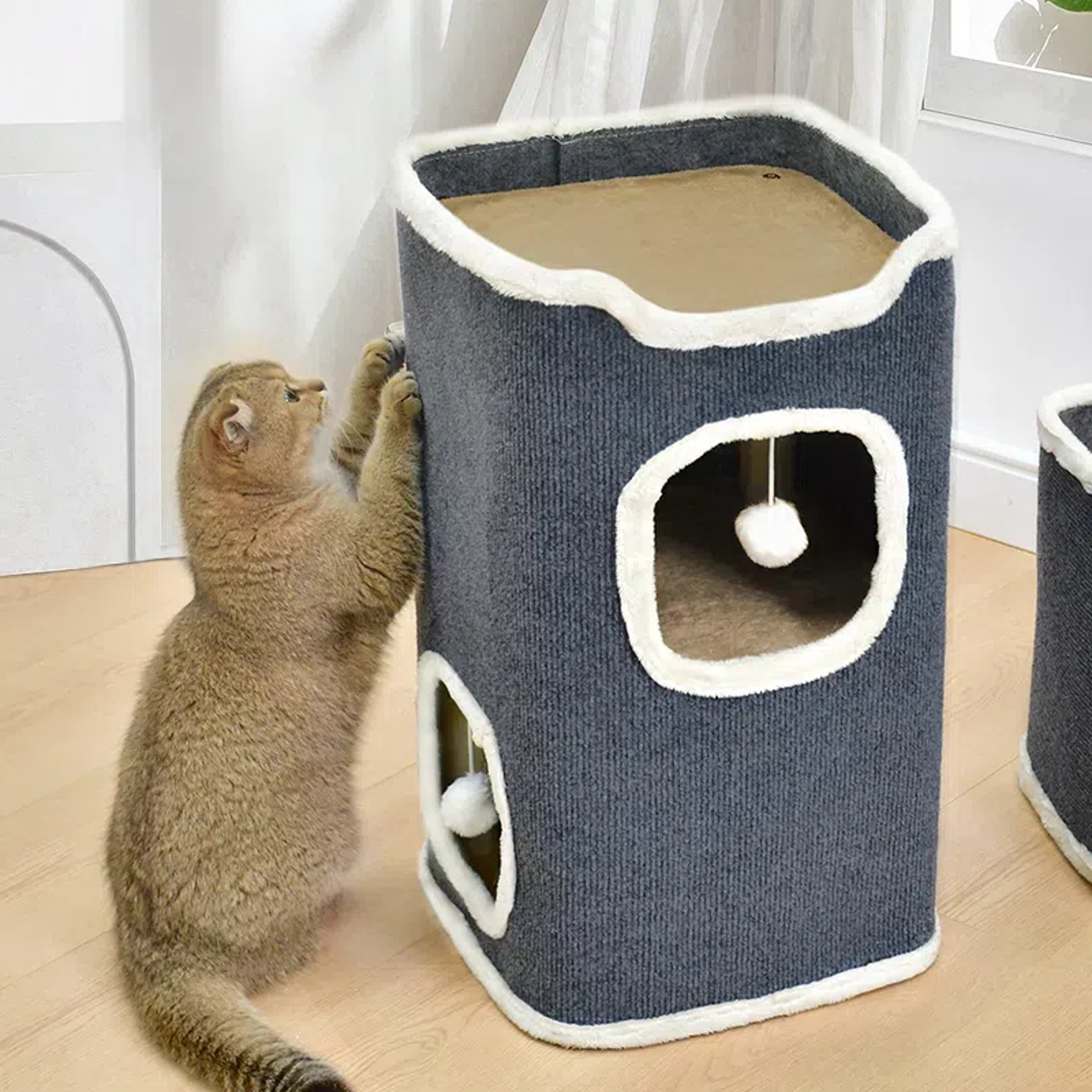 Cozy Cat Bed Winter Pet House Covered Cave With Soft Mat  Fluffy Ball Hanging Large Hideaway Tent F 2