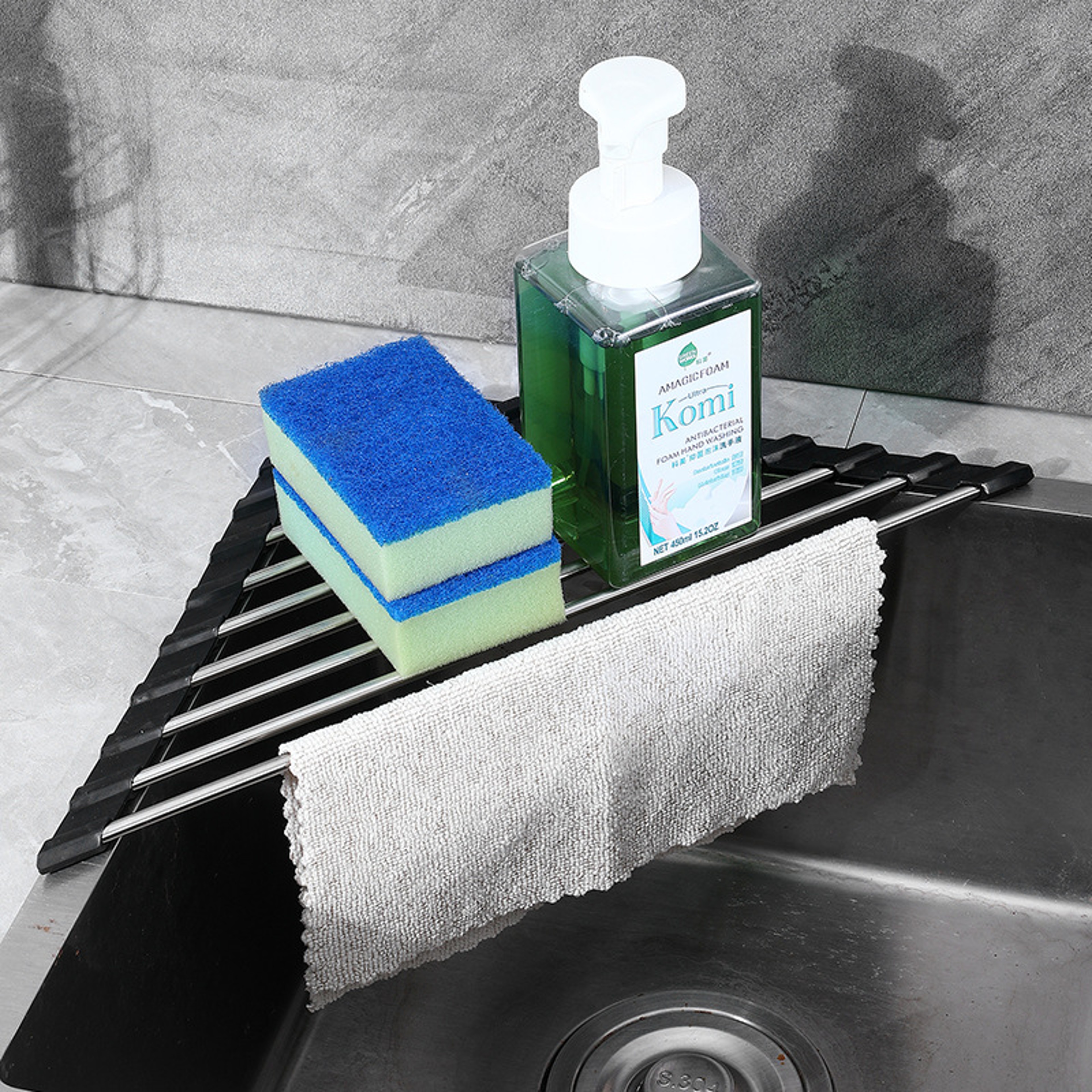 Foldable Stainless Steel Dish Drying Rack Roll Up Triangle Kitchen Sink Organizer Corner Sponge Hol 0