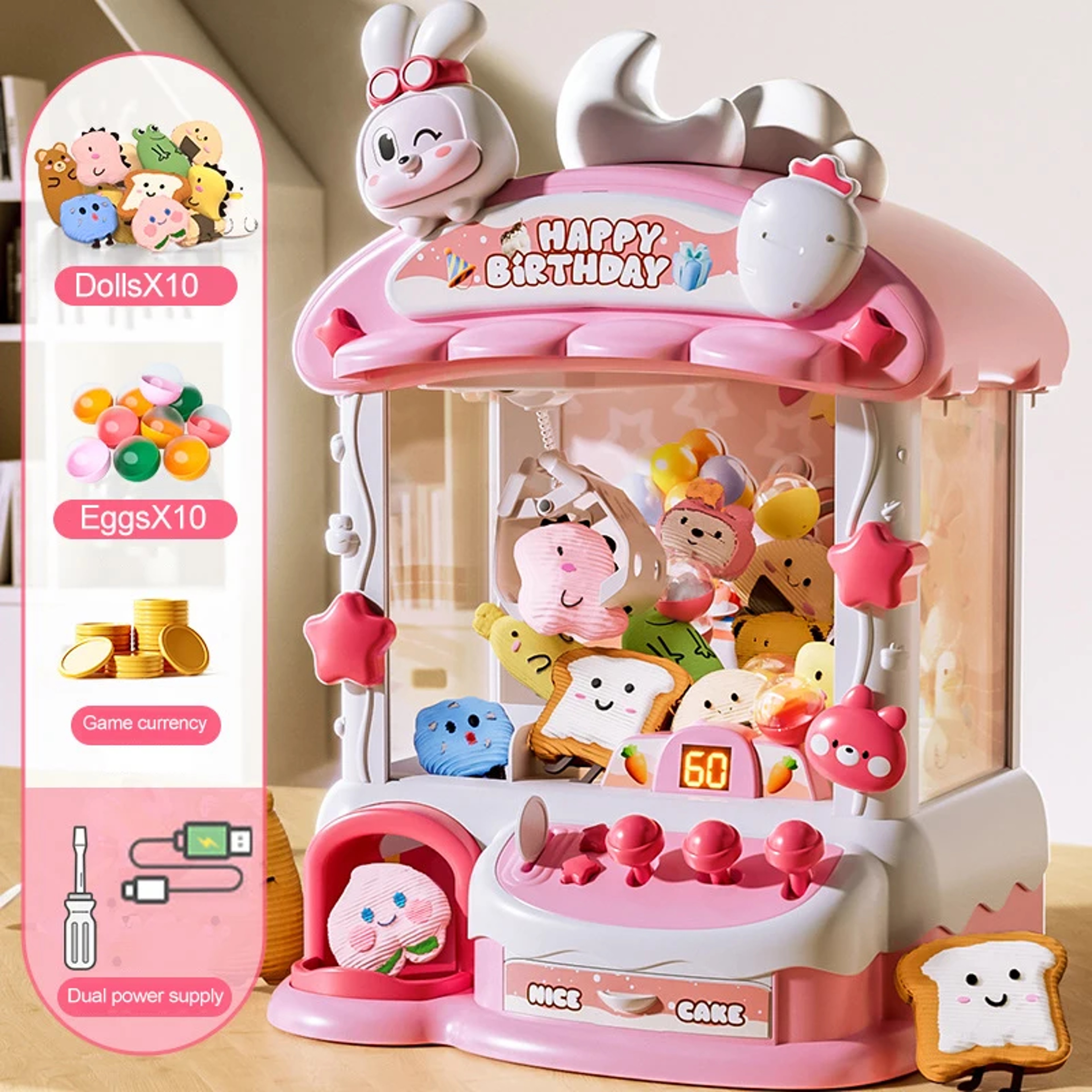 Big Cartoon Rabbit Coin Operated Claw Crane Toy For Kids 2