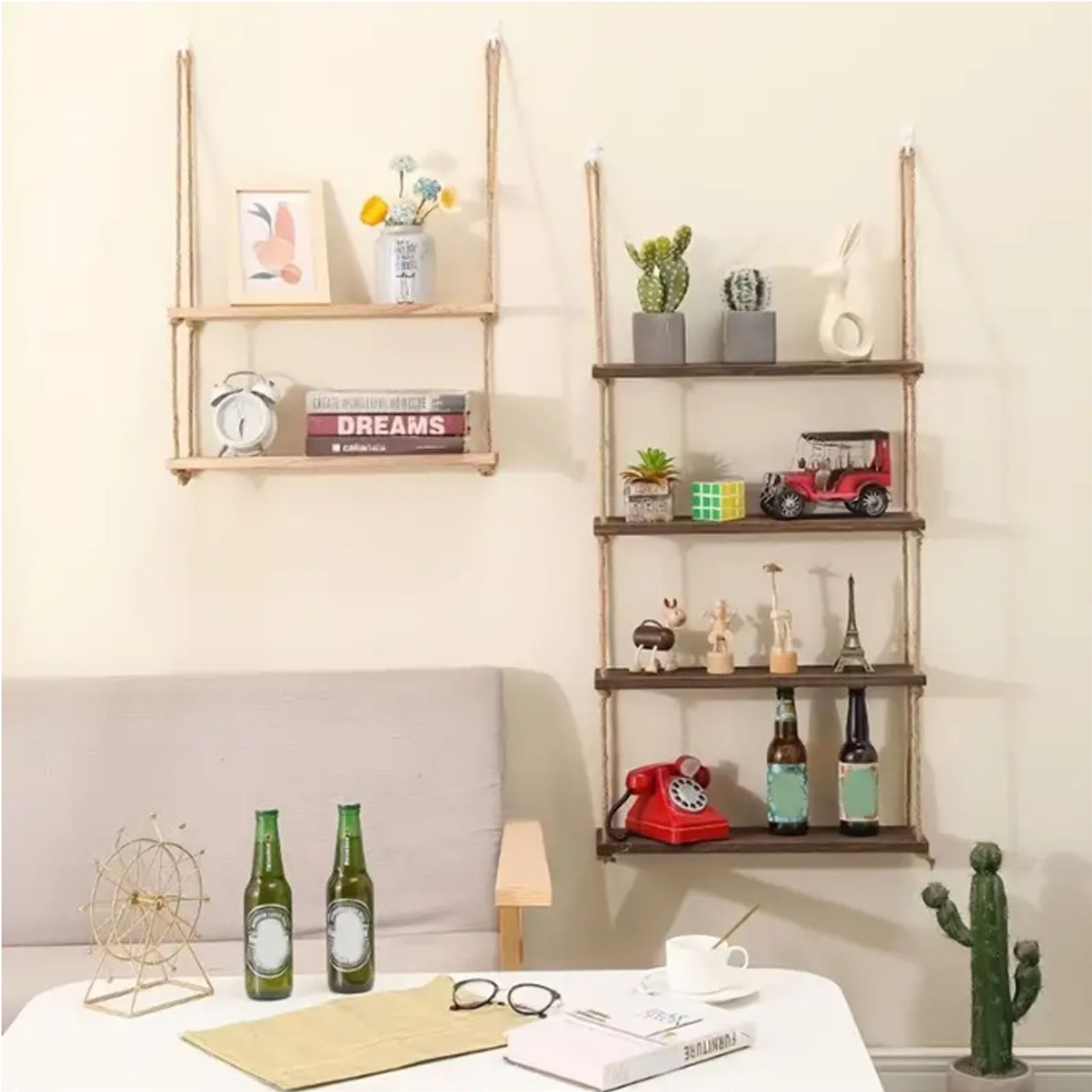Rustic Wooden Floating Shelves With Hanging Rope For Plants  Home Decor 3