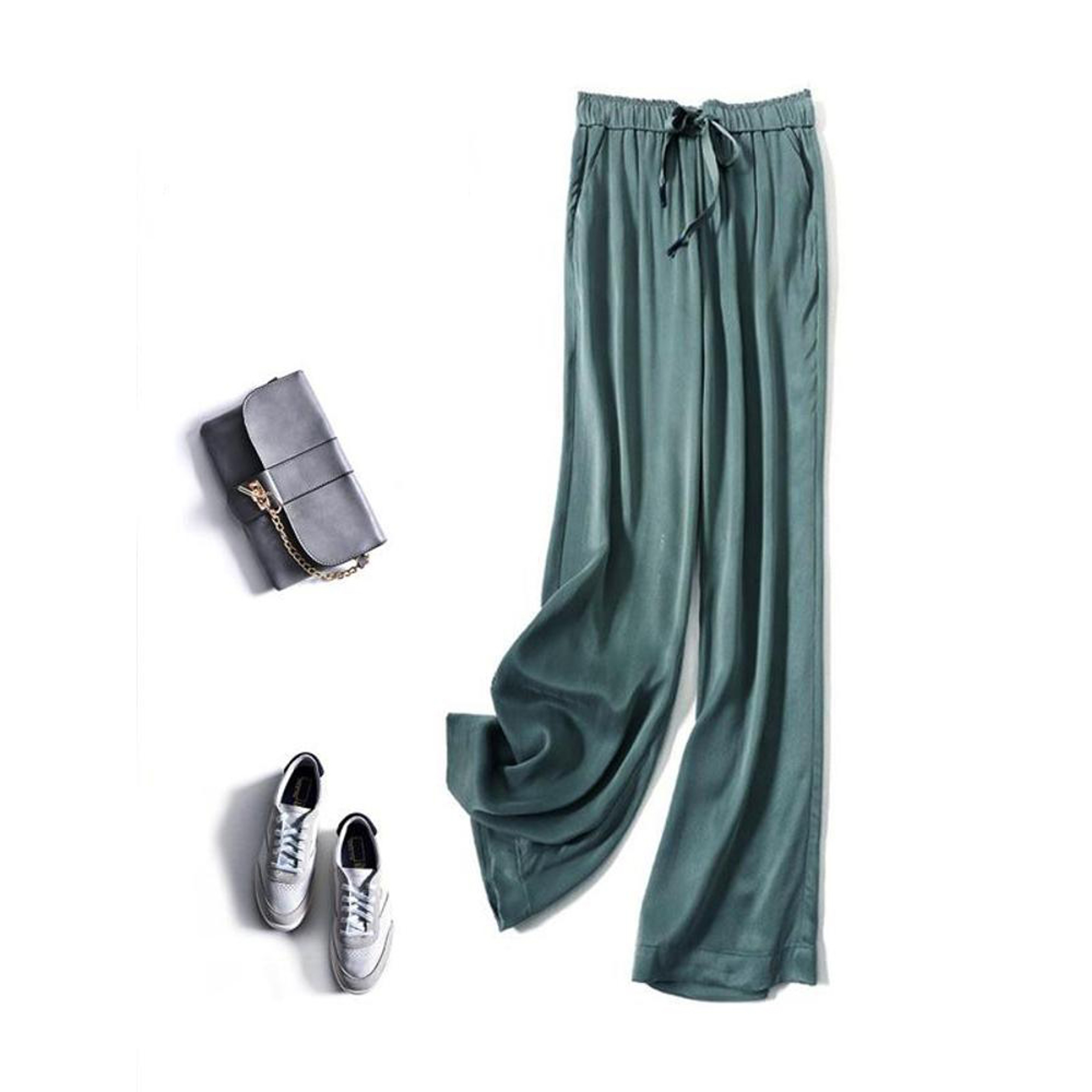 Silky Wide Leg Pants For Women High Waist Satin Casual Trousers 3