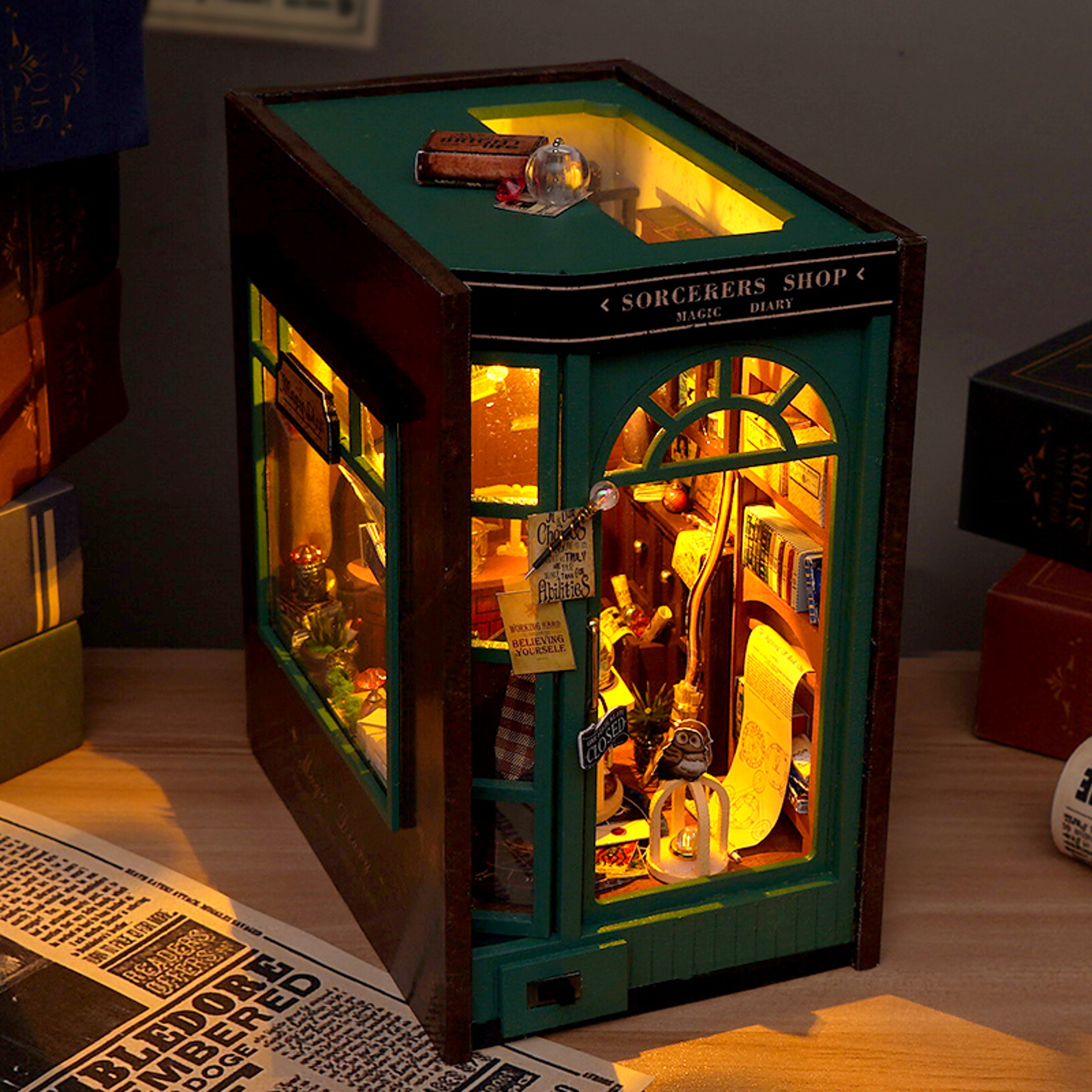 DIY Wooden Miniature Sorcerer's Shop Book Nook Kit, Magical Bookshelf Home Decor Gift – view 2