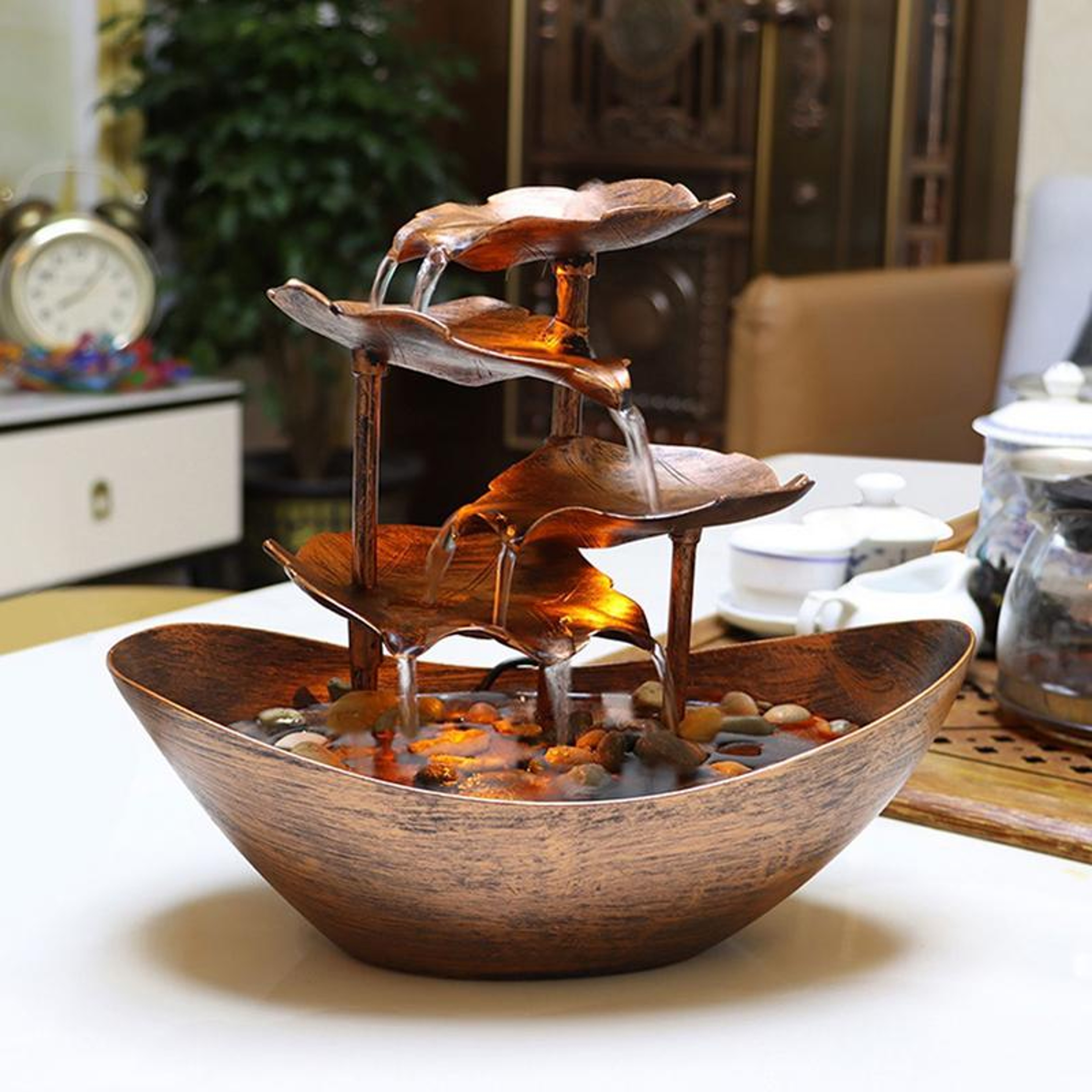 Tabletop Water Fountain 4Tier Lotus Leaf Small Waterfall USB Desk Fountain With Automatic Pump  Pow 0