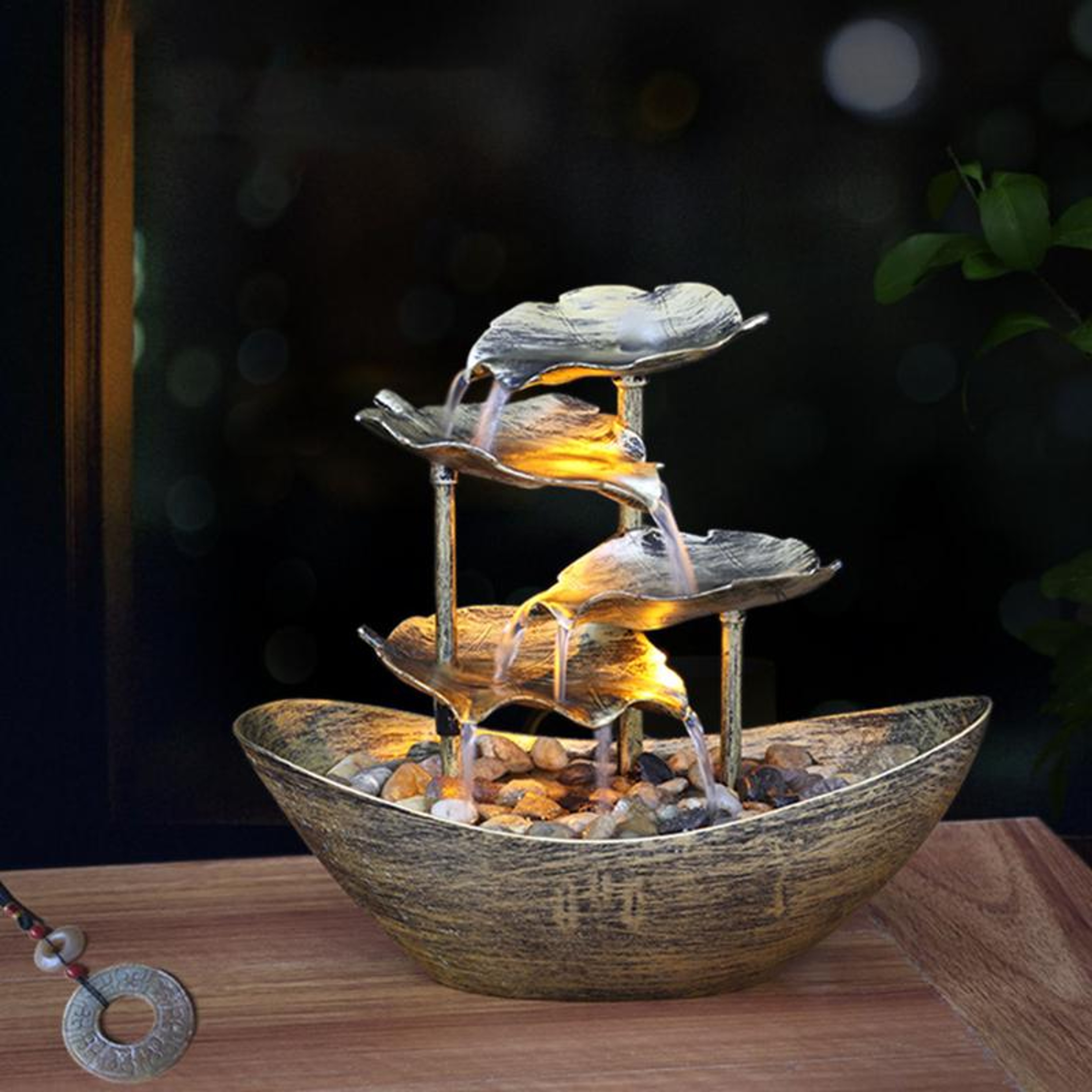 Tabletop Water Fountain 4Tier Lotus Leaf Small Waterfall USB Desk Fountain With Automatic Pump  Pow 4