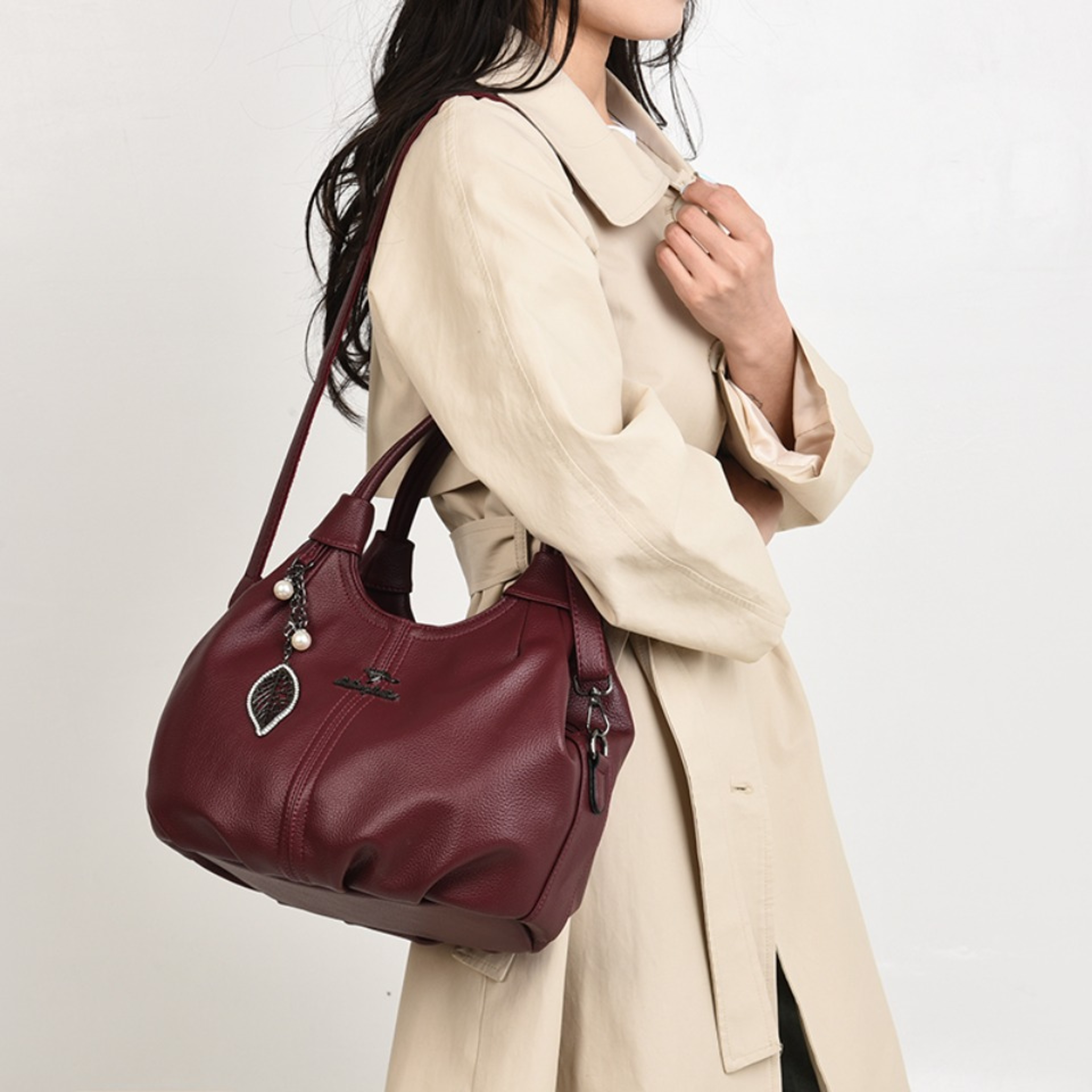 Soft Lychee Leather Hobo Handbag Stylish 3Layer Shoulder  Crossbody Tote Bag With Pearl Leaf Pendan 0