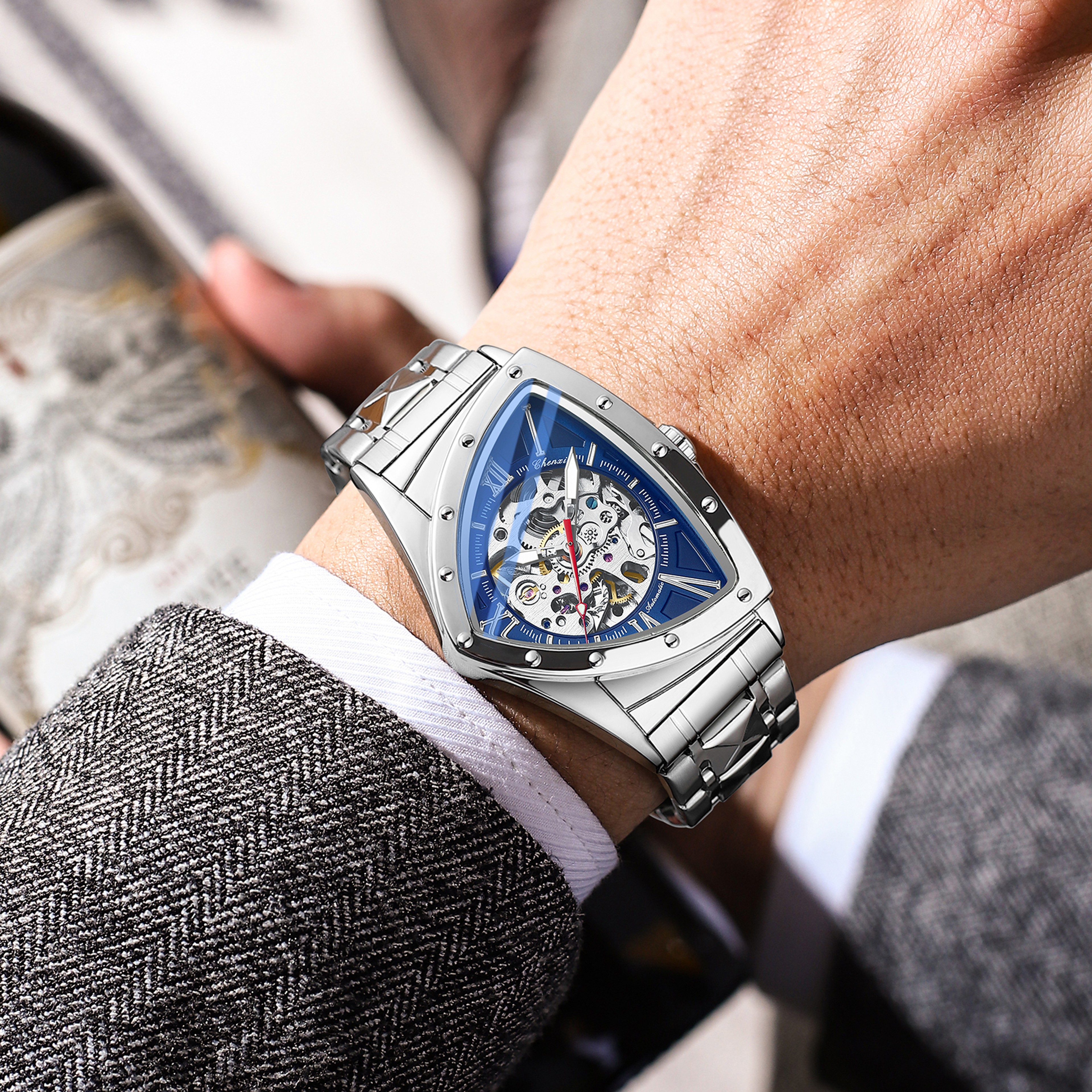 Premium Triangle Skeleton Men Mechanical Watch With Luminous Stainless Steel Strap 0