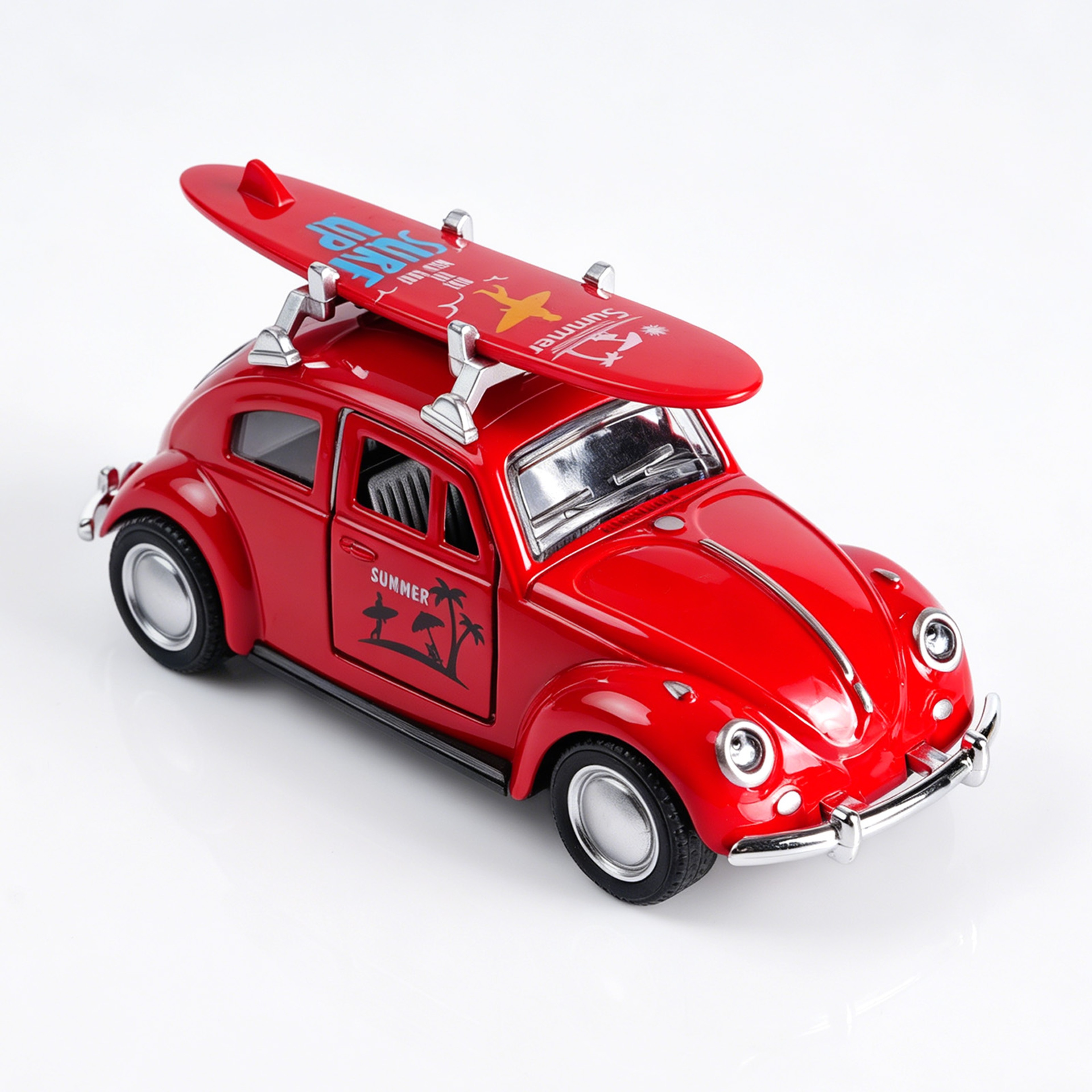 Retro Volkswagen Beetle Model Pull Back Diecast Car Model with Surfboard & Opening Doors – view 2