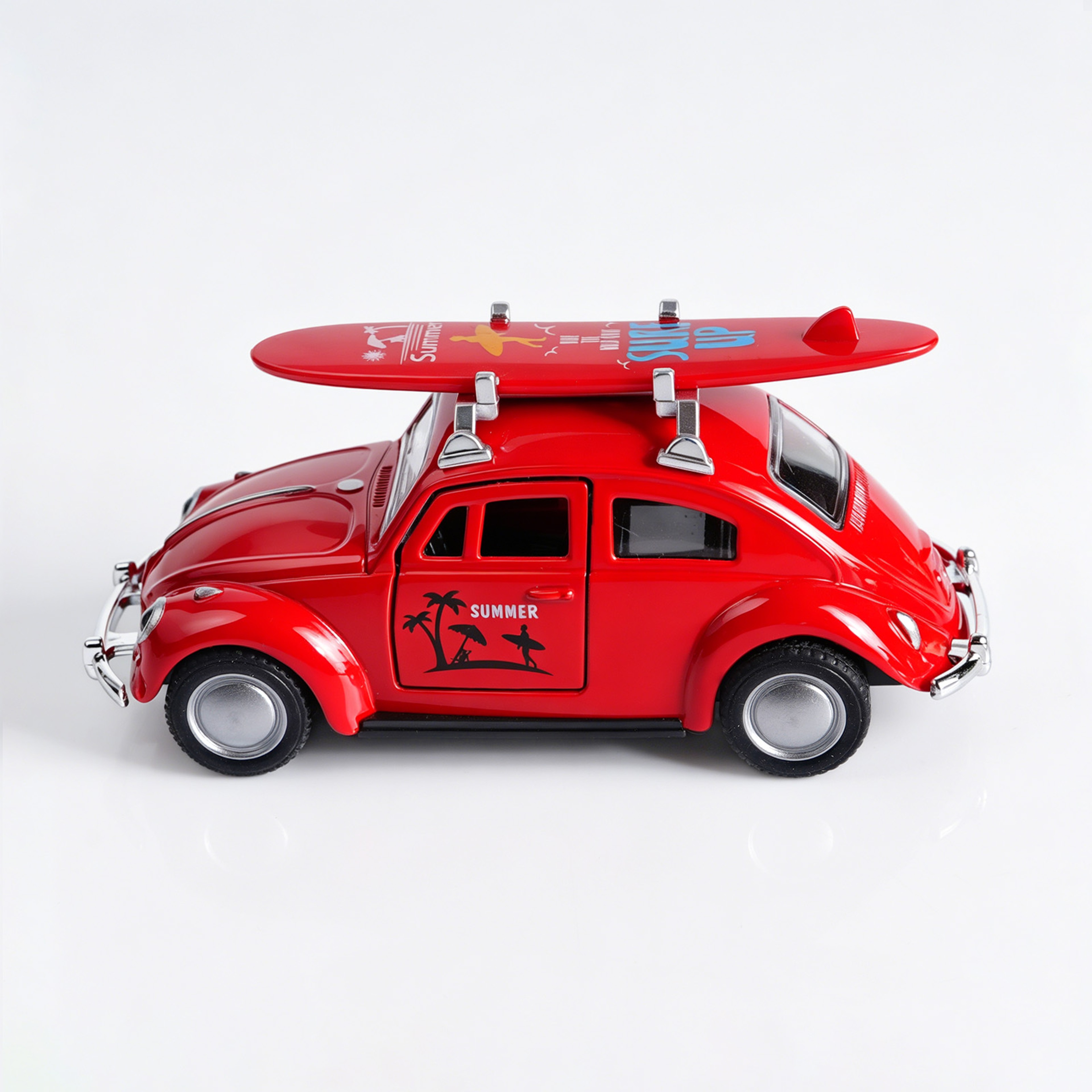Retro Volkswagen Beetle Model Pull Back Diecast Car Model with Surfboard & Opening Doors – view 3