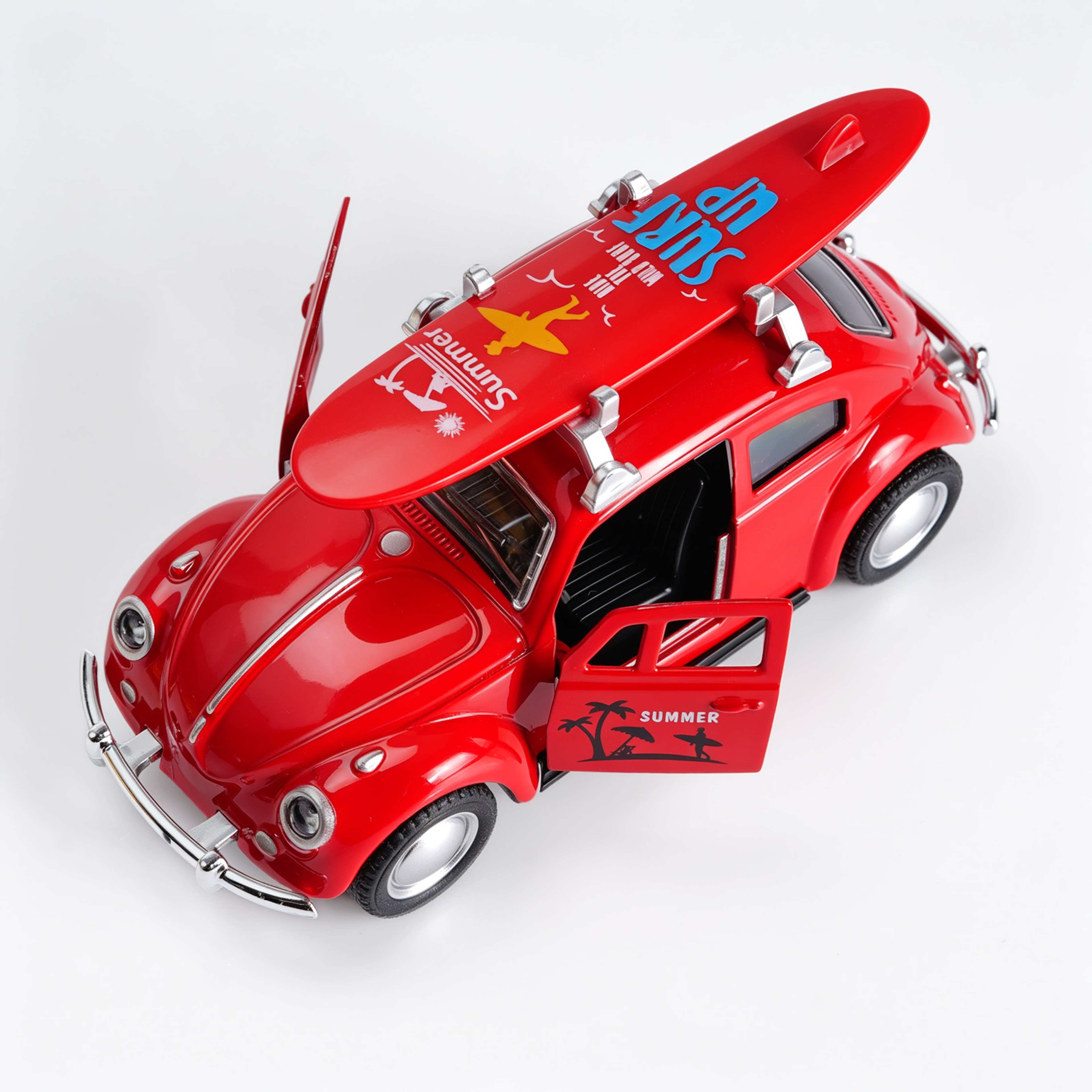 Retro Volkswagen Beetle Model Pull Back Diecast Car Model with Surfboard & Opening Doors – view 4
