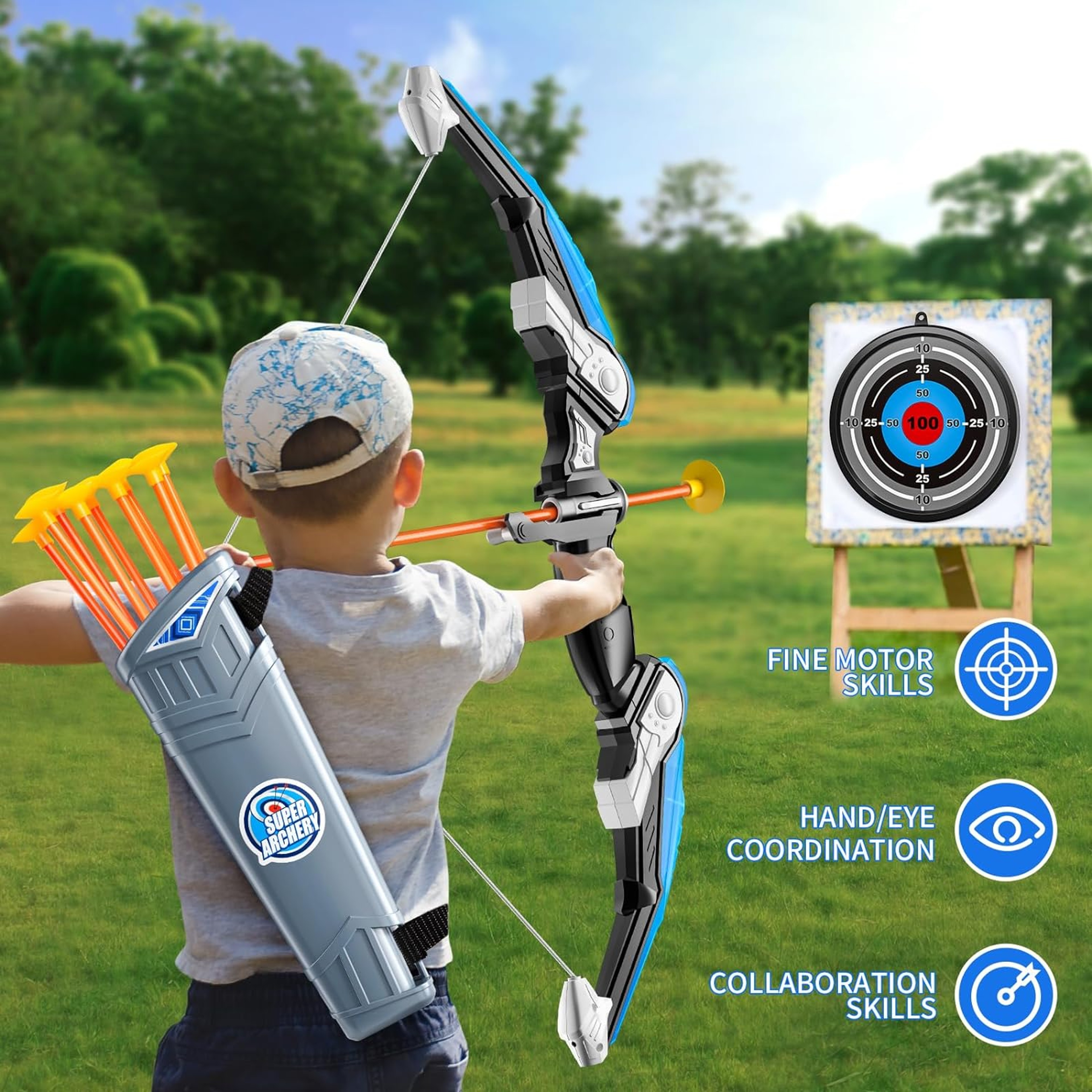 LED Kids Bow And Arrow Set With Target 10 Suction Cup Arrows  Quiver Archery Toy For Boys And Girls 3