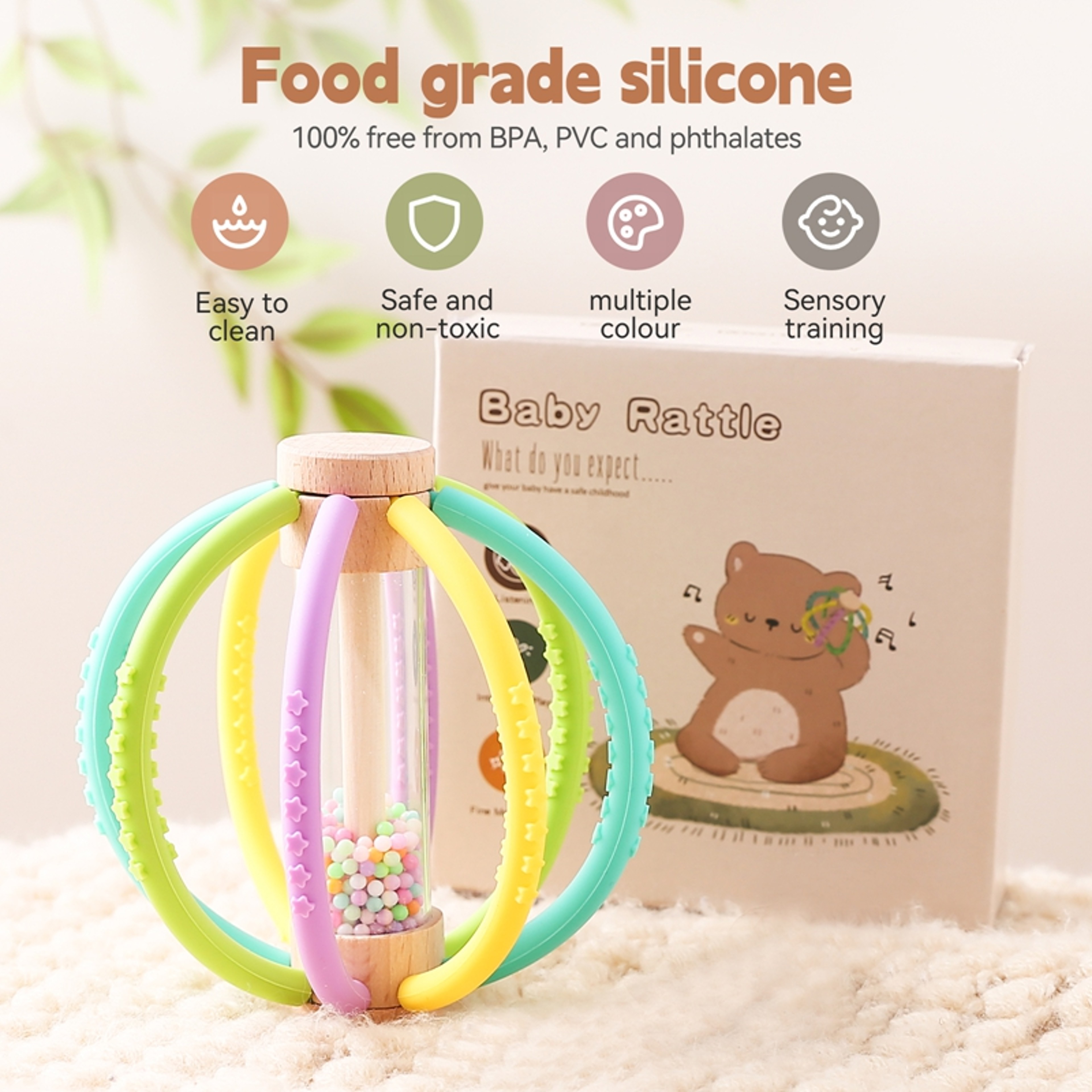 Wooden Baby Rattle & Silicone Teether Rain Drum Montessori Sensory Toy for Newborns – view 2