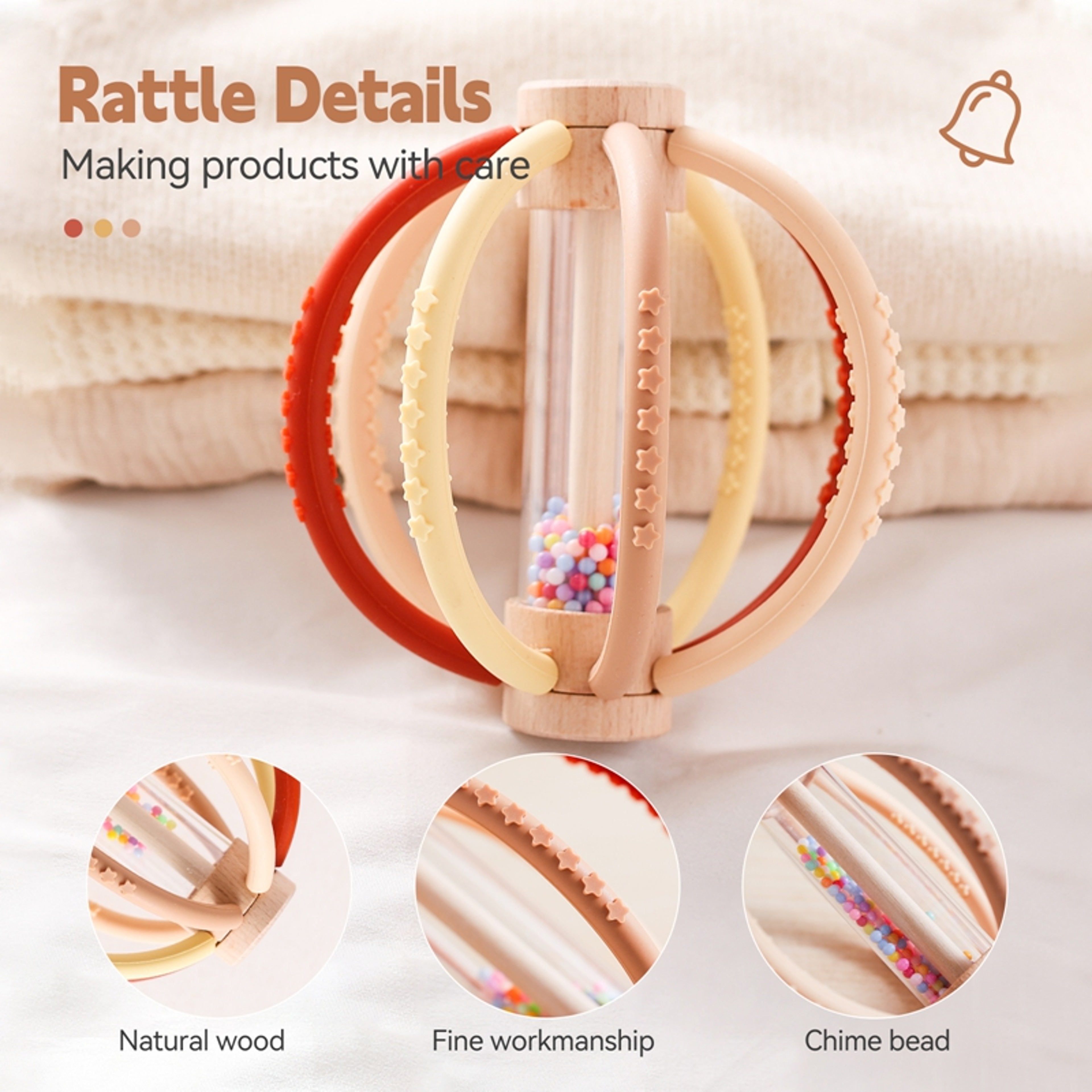 Wooden Baby Rattle & Silicone Teether Rain Drum Montessori Sensory Toy for Newborns – view 4