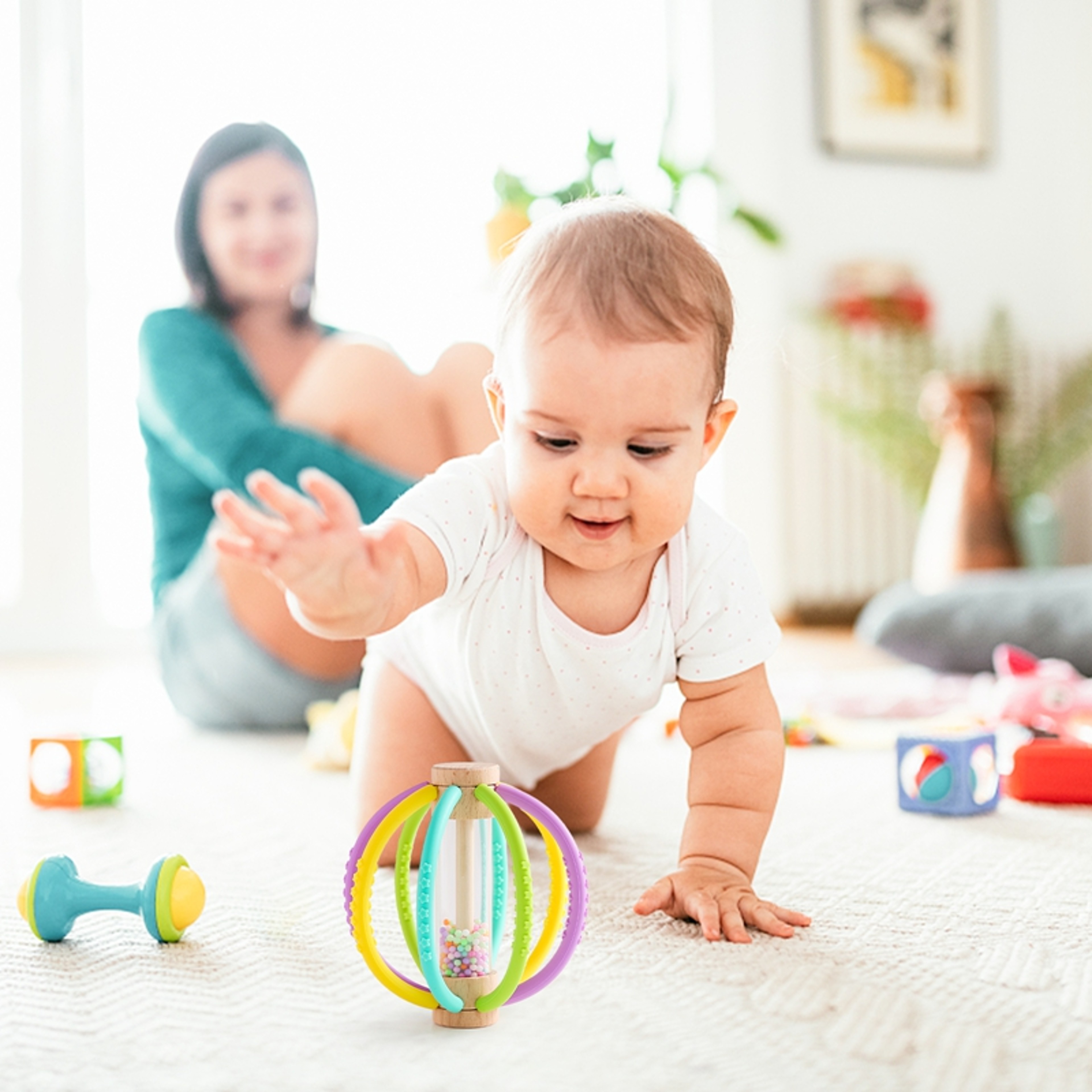 Wooden Baby Rattle & Silicone Teether Rain Drum Montessori Sensory Toy for Newborns – view 5