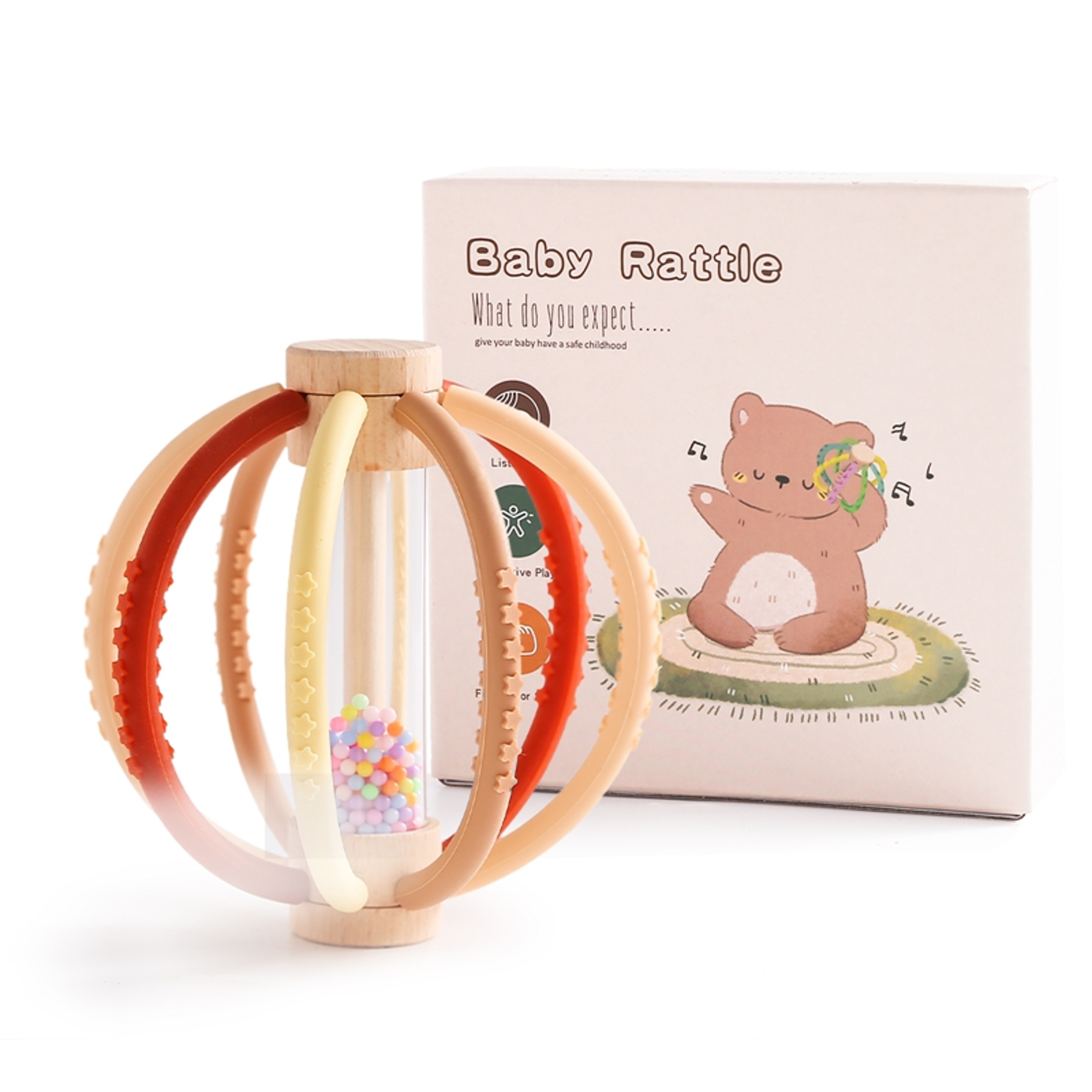 Wooden Baby Rattle & Silicone Teether Rain Drum Montessori Sensory Toy for Newborns – view 9