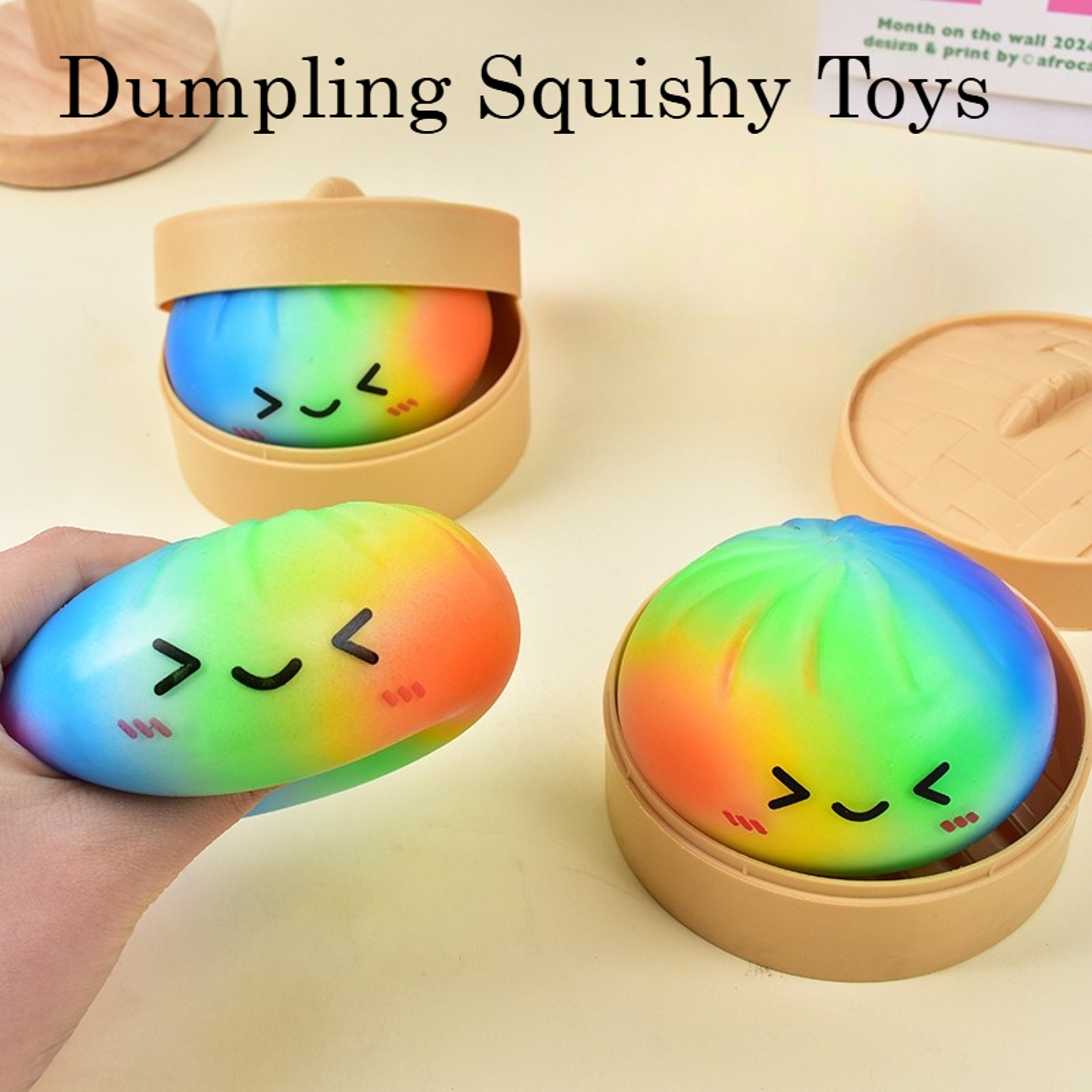 Rainbow Dumpling Squishy Slow Rising Stress Relief Toy with Bamboo Basket – view 1