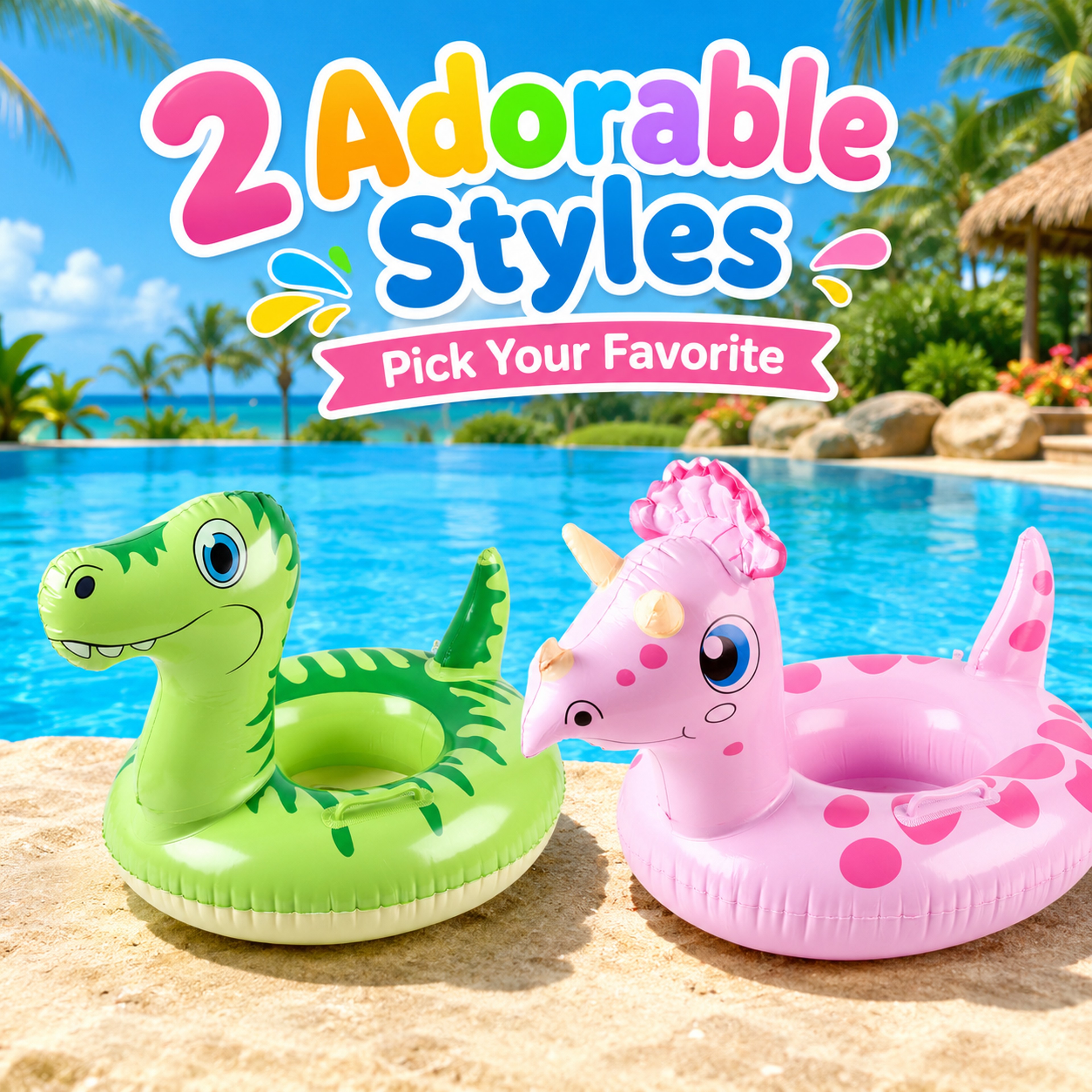 Inflatable Pool Float Animal Swim Ring with Handles for Kids Unicorn & Dinosaur – view 1