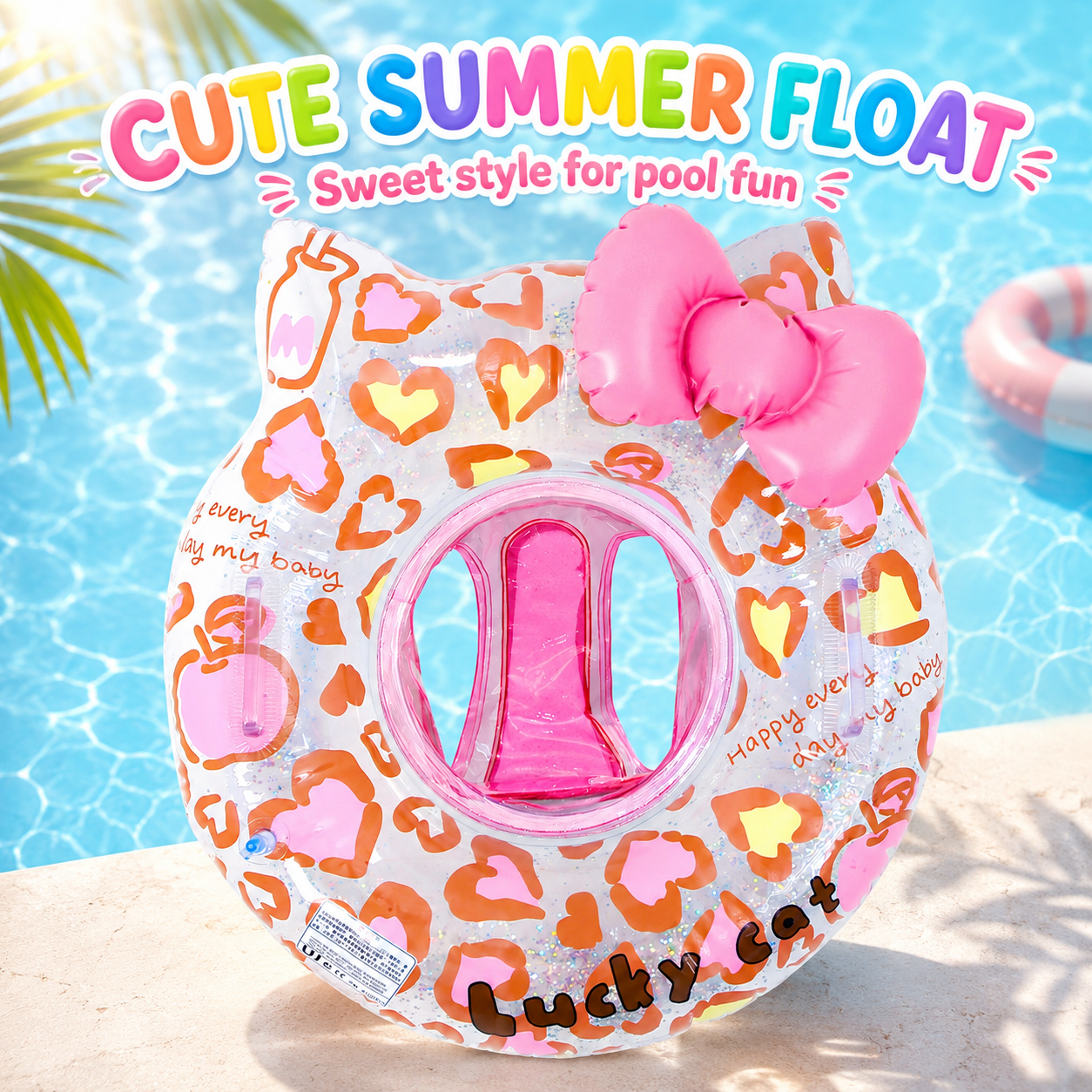 Cute Cat Swim Ring Inflatable Pool Float with Bow for Kids Summer Beach Fun – view 4