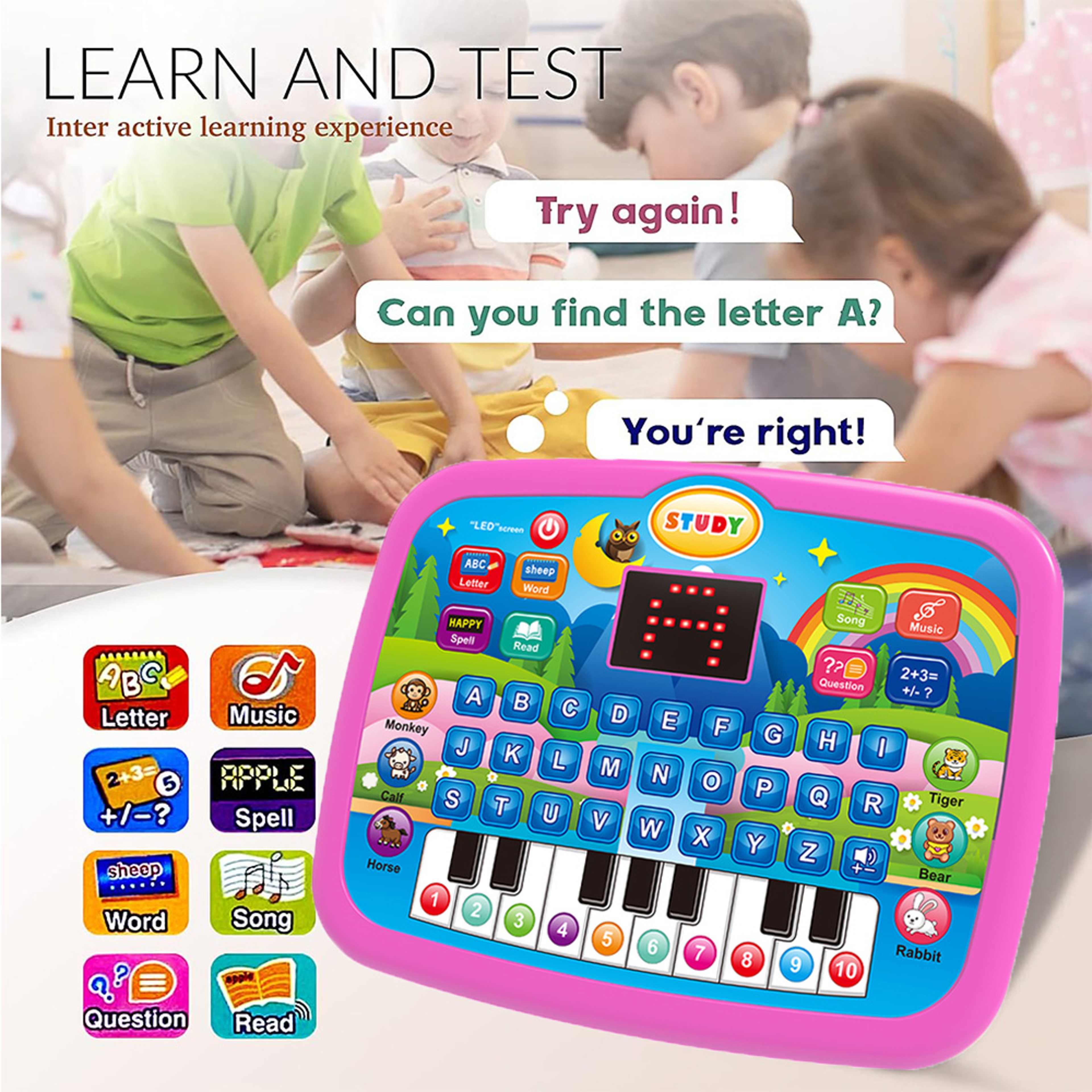 Interactive Kids Learning Tablet Educational Toy With Alphabet Numbers Music For Toddlers 4